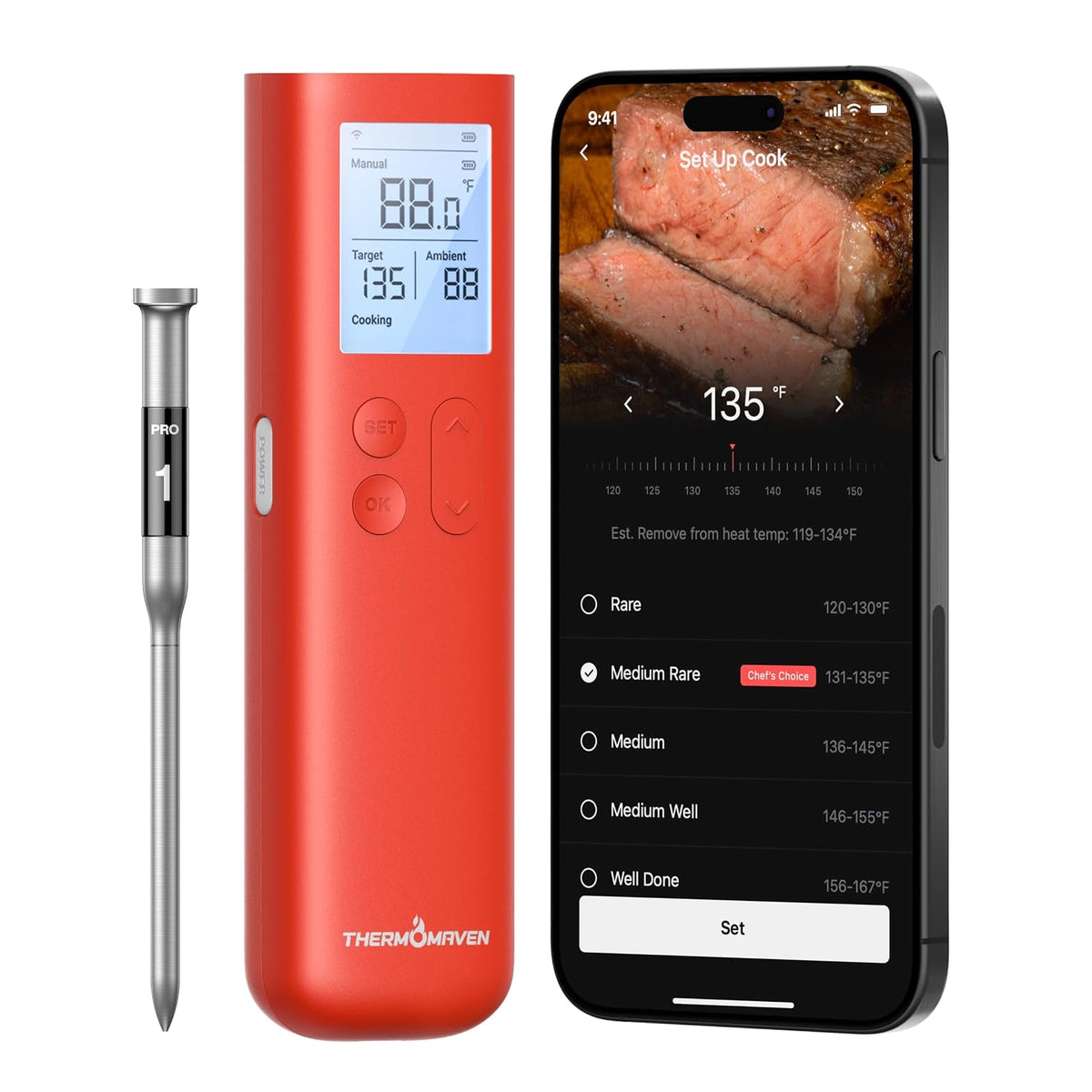 Termómetro inalámbrico inteligente para carne ThermoMaven Sub-1G co...