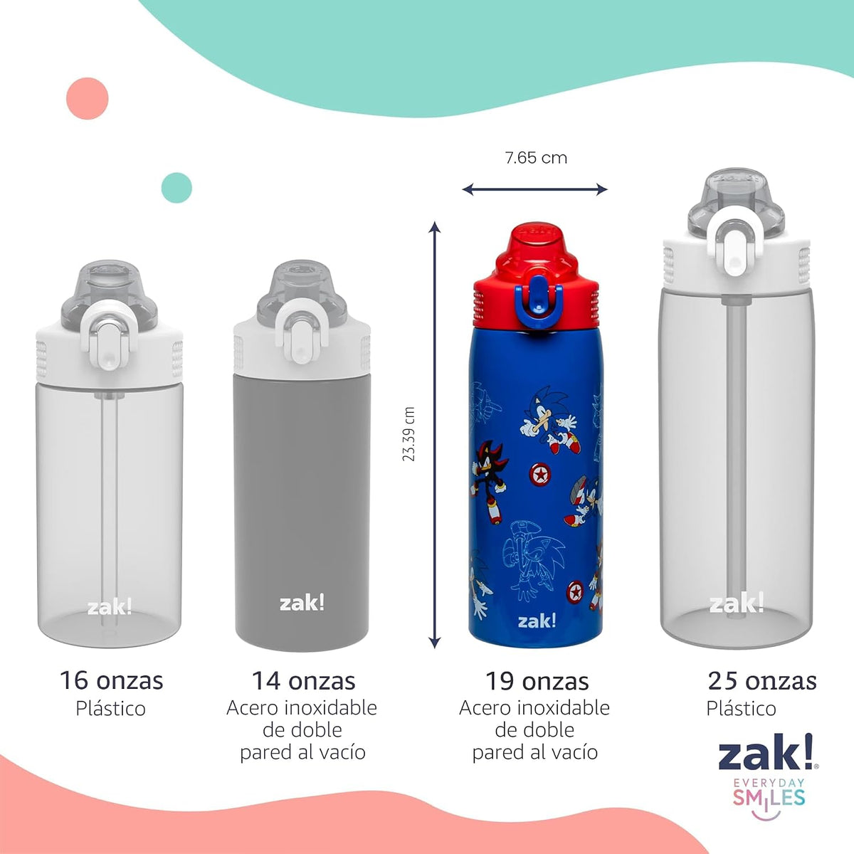 Zak Designs Sonic the Hedgehog Sage Botella de agua para niños con...
