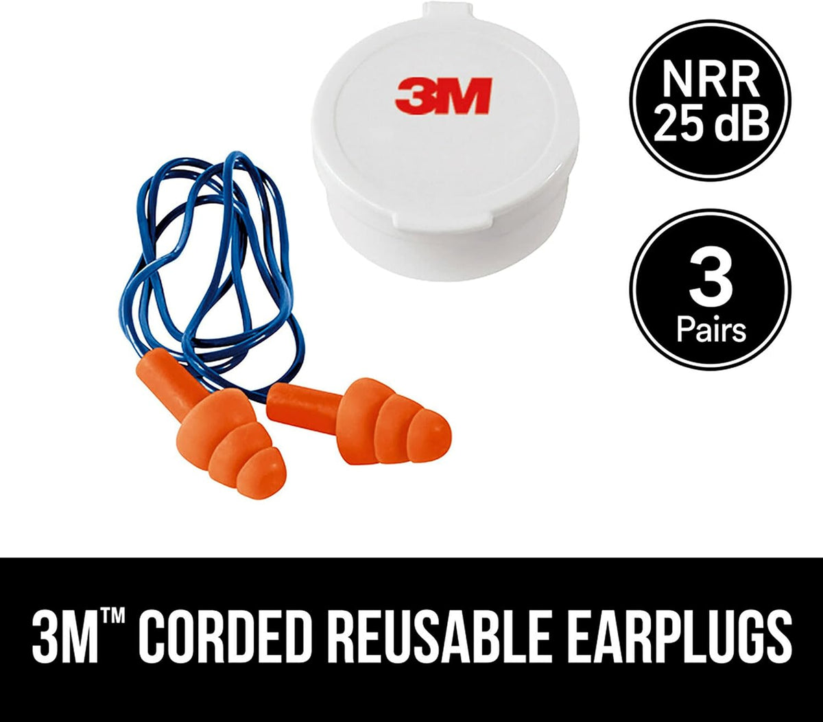 3M Tapones para los oídos reutilizables con cable, paquete de 3, cl...