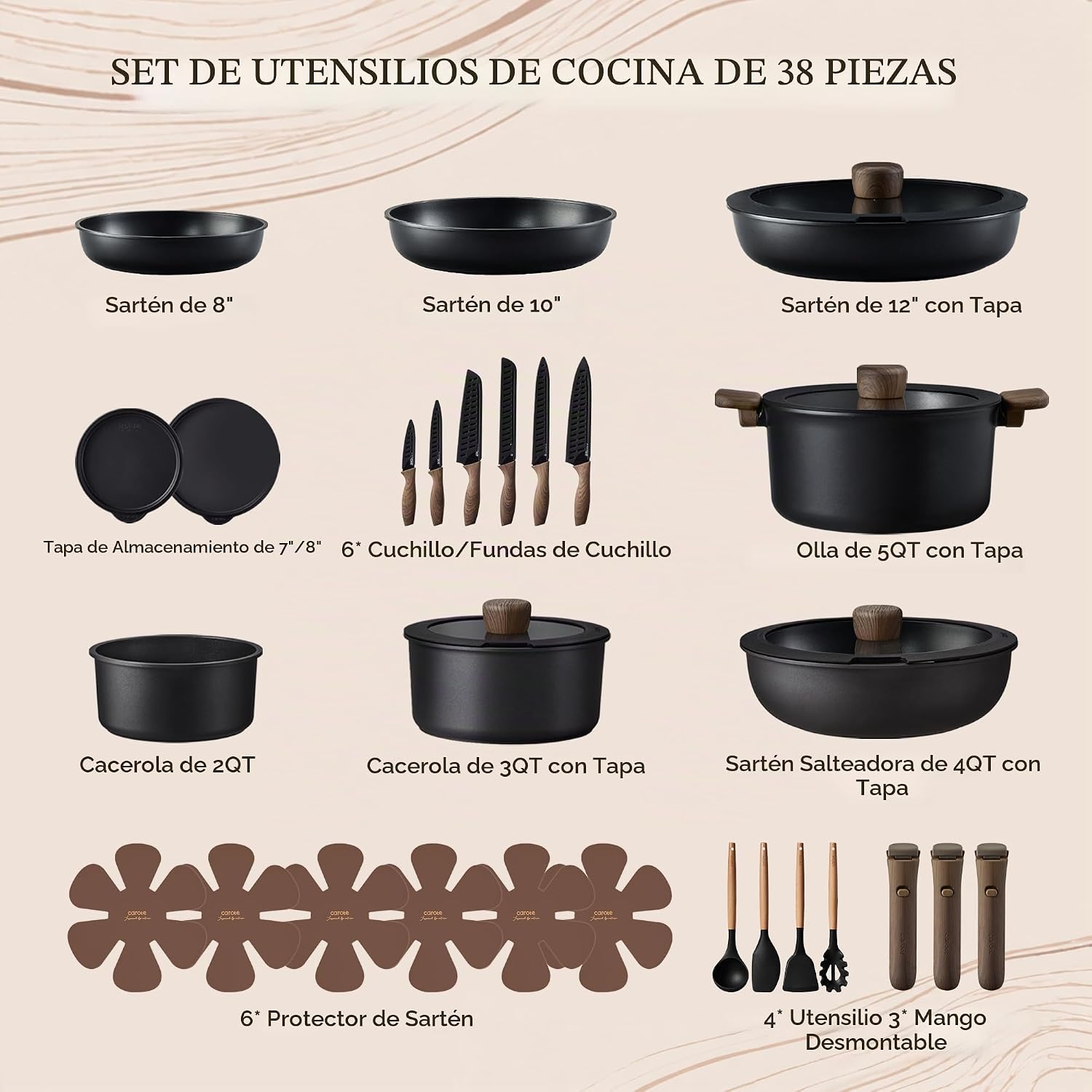 CAROTE Juego de Ollas y Sartenes Antiadherentes de 38 Piezas, Juego...