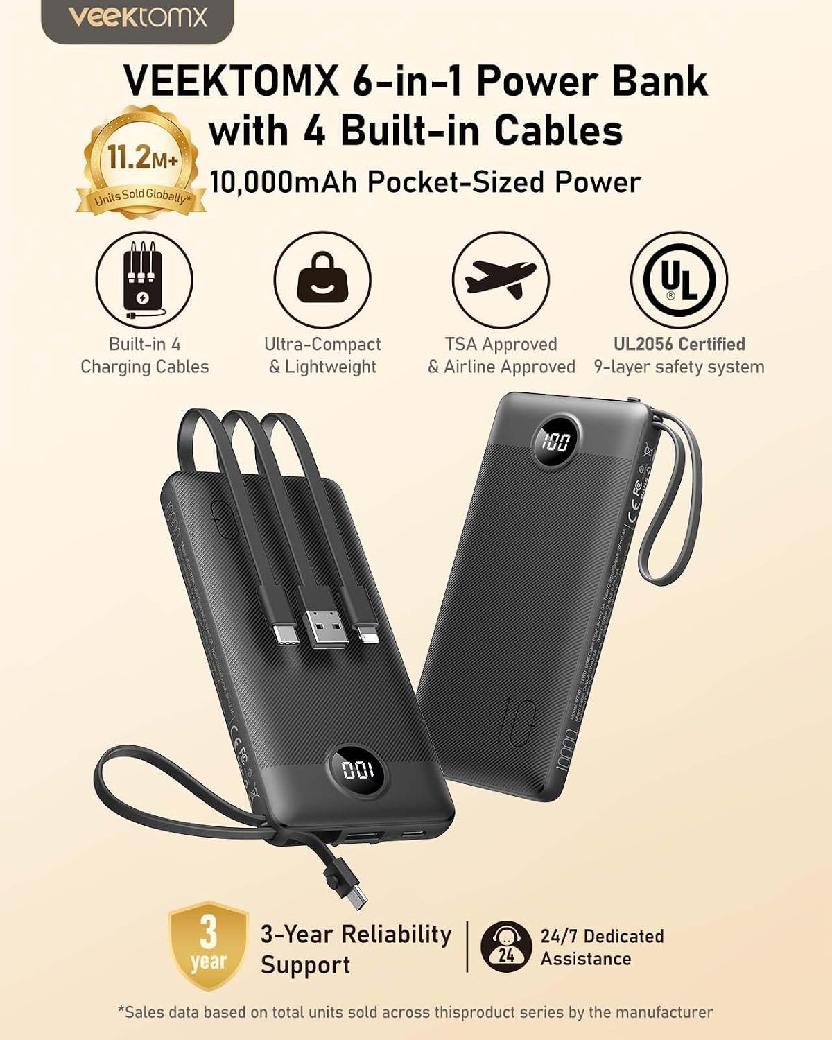 VEEKTOMX Cargador portátil de 10000 mAh con 4 cables incorporados |...