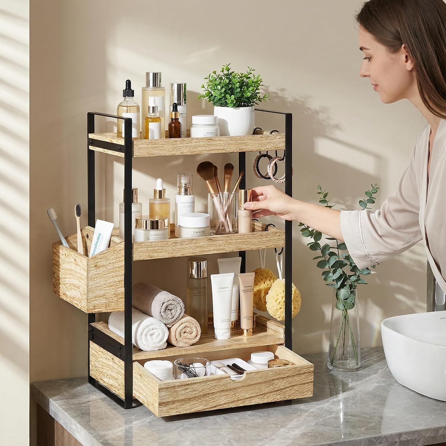 Organizador de encimera de baño de 3 niveles con cesta de cajón y g...