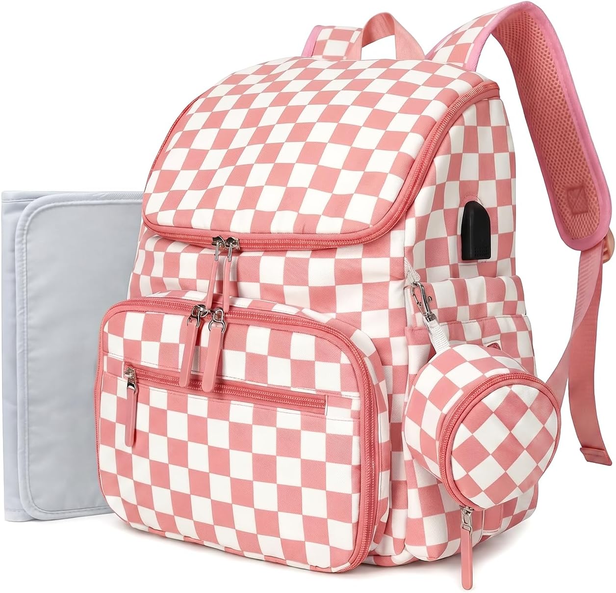 FHELAD Mochila de pañales a cuadros con cambiador y clips para coch...