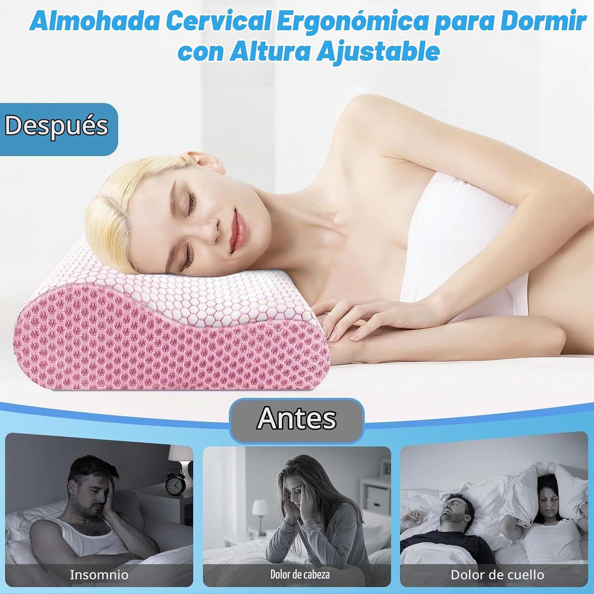 Almohada cervical ergonómica para dormir, tamaño Queen rosa | Almoh...