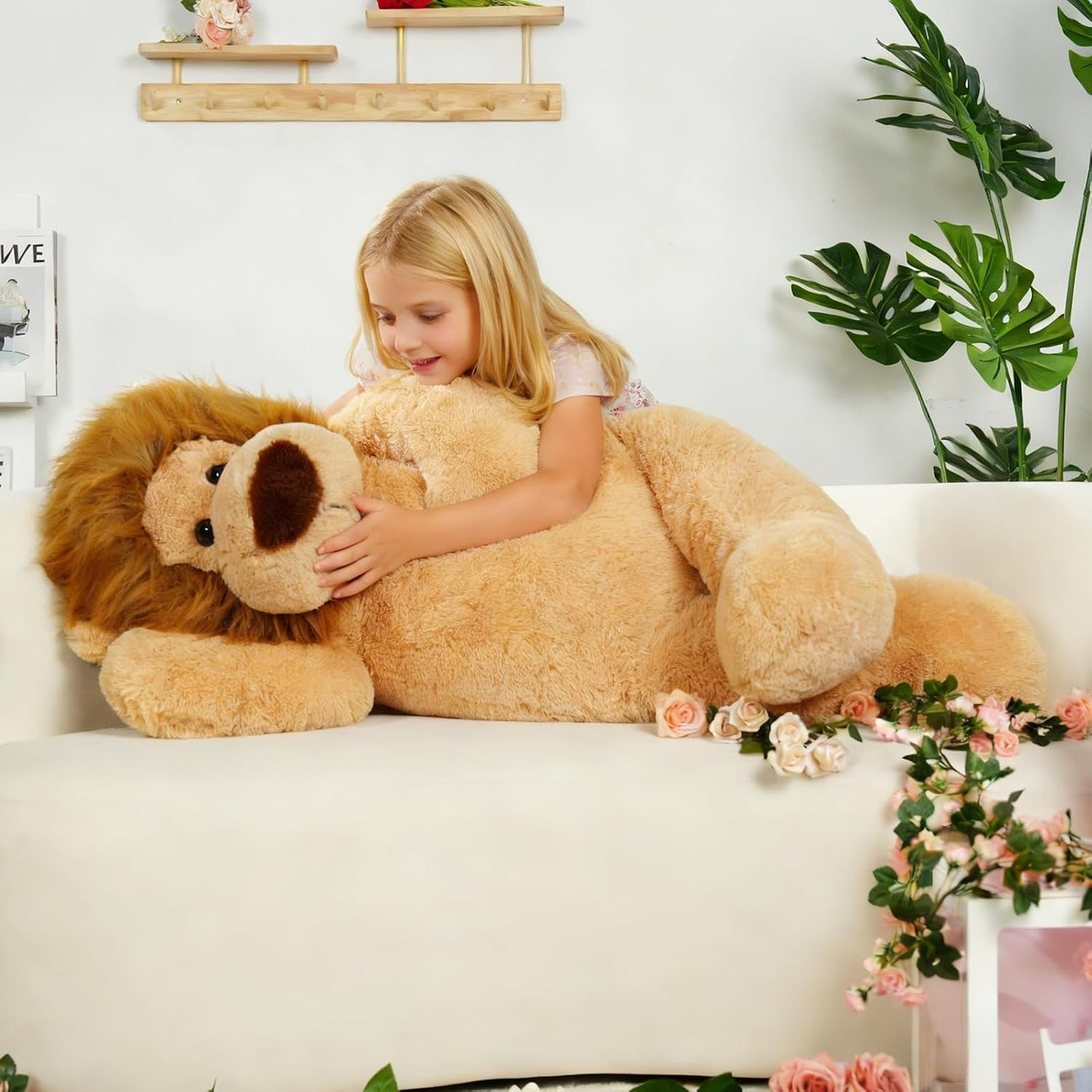 Tezituor Peluche de león gordo gigante de 4.3 pies, juguete de pelu...