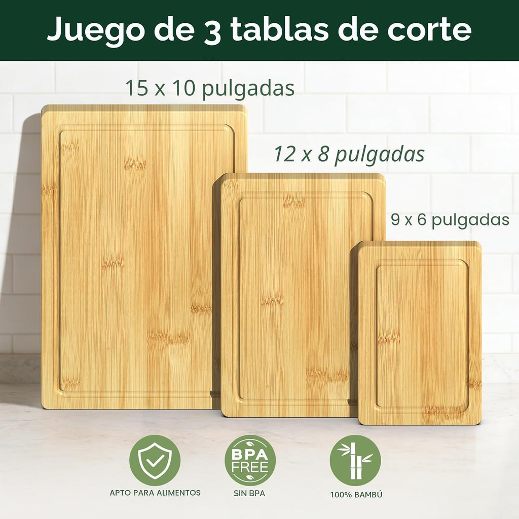 Zeawec Juego de 3 tablas de cortar de bambú para cocina, tablas de...