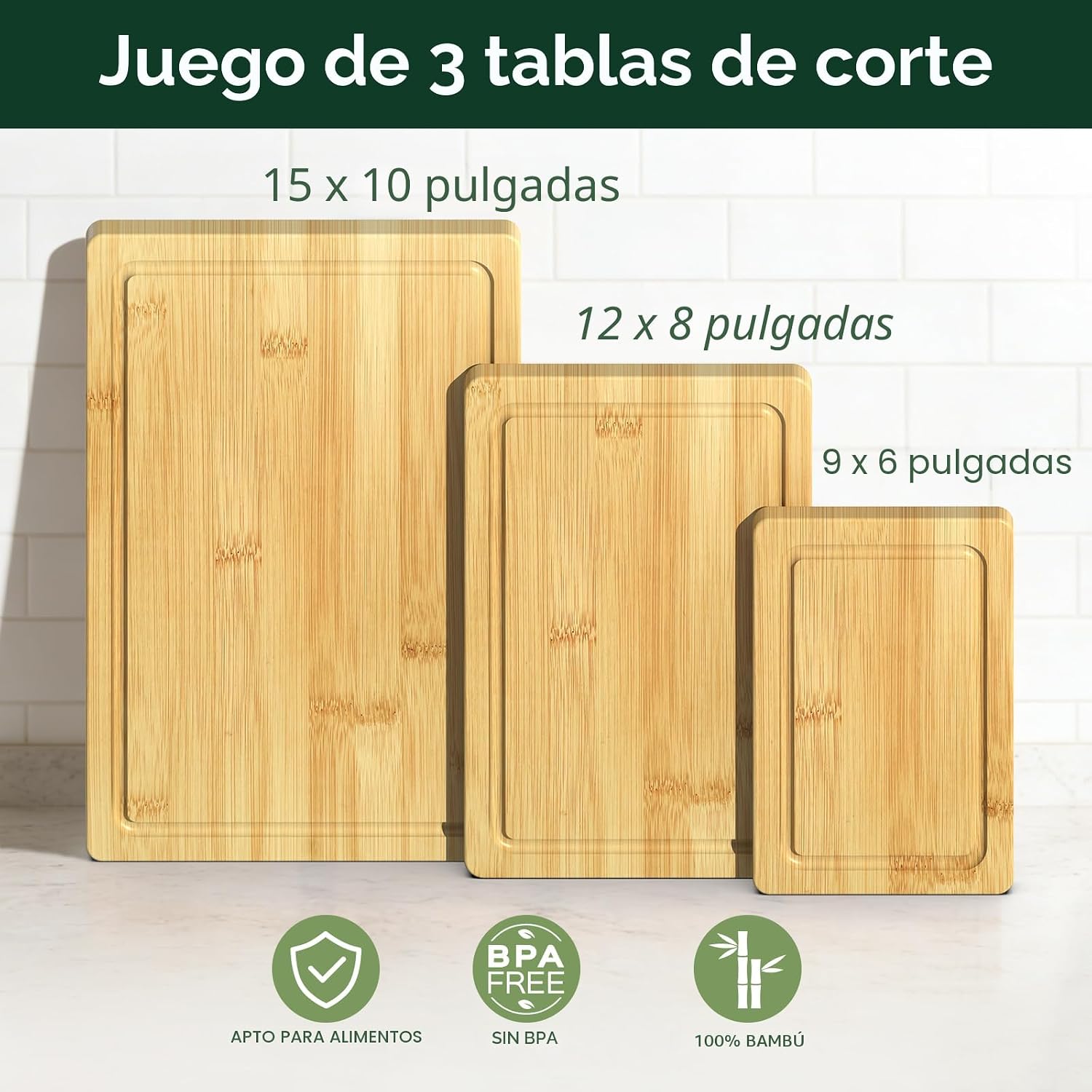 Zeawec Juego de 3 tablas de cortar de bambú para cocina, tablas de...