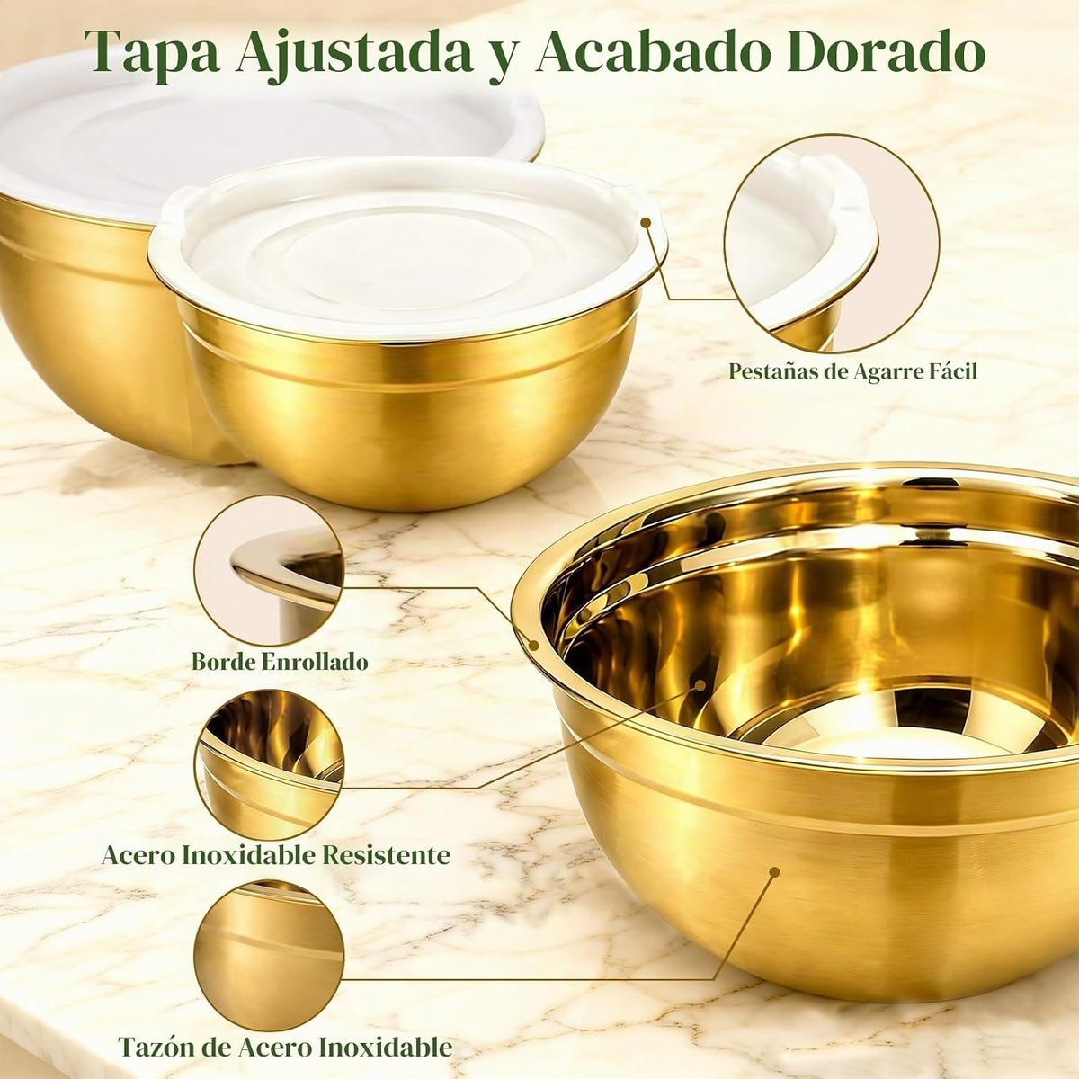Juego de 5 cuencos de acero inoxidable dorados con tapas blancas, j...