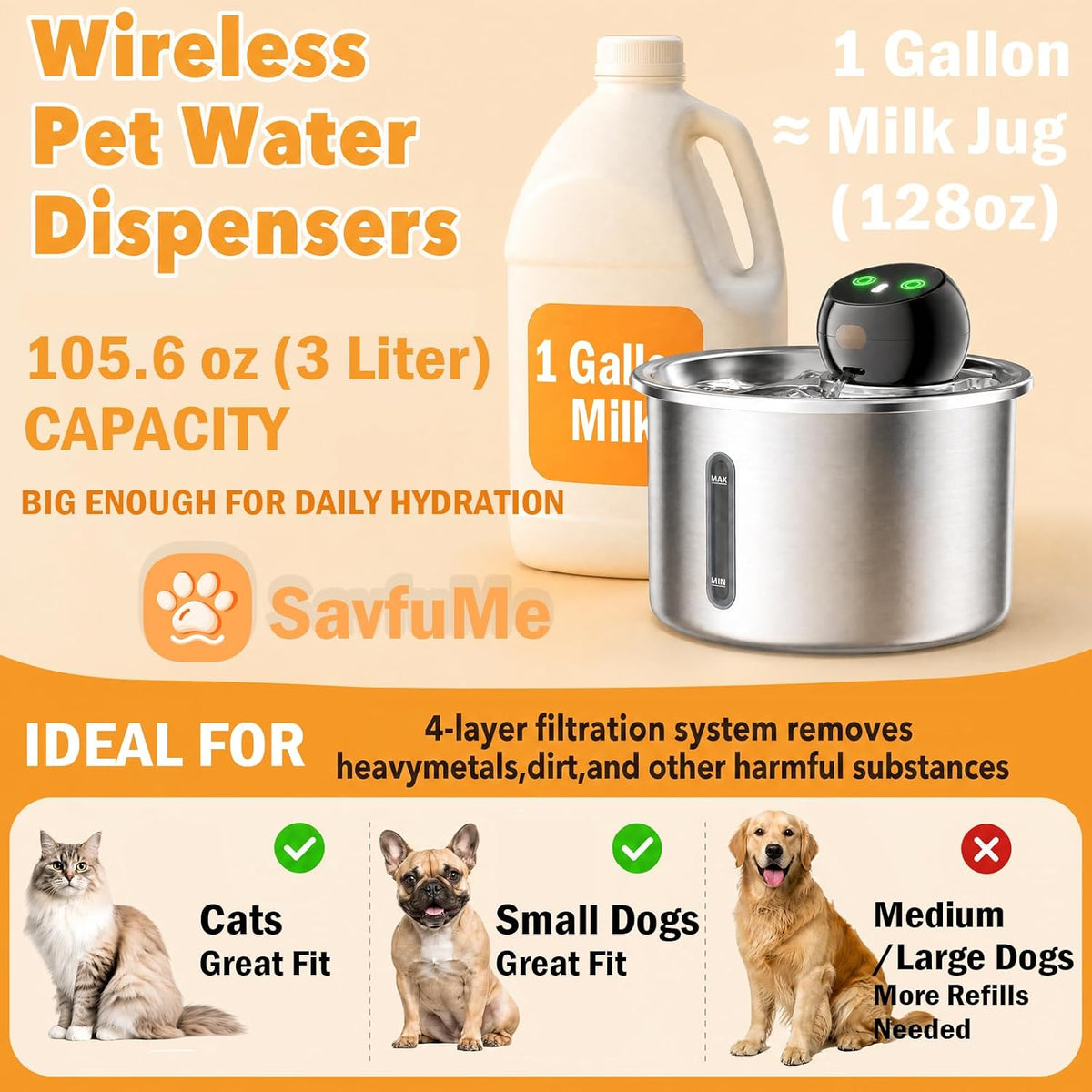 SavfuMe - Fuente de agua inalámbrica para gatos, fuente inalámbrica...