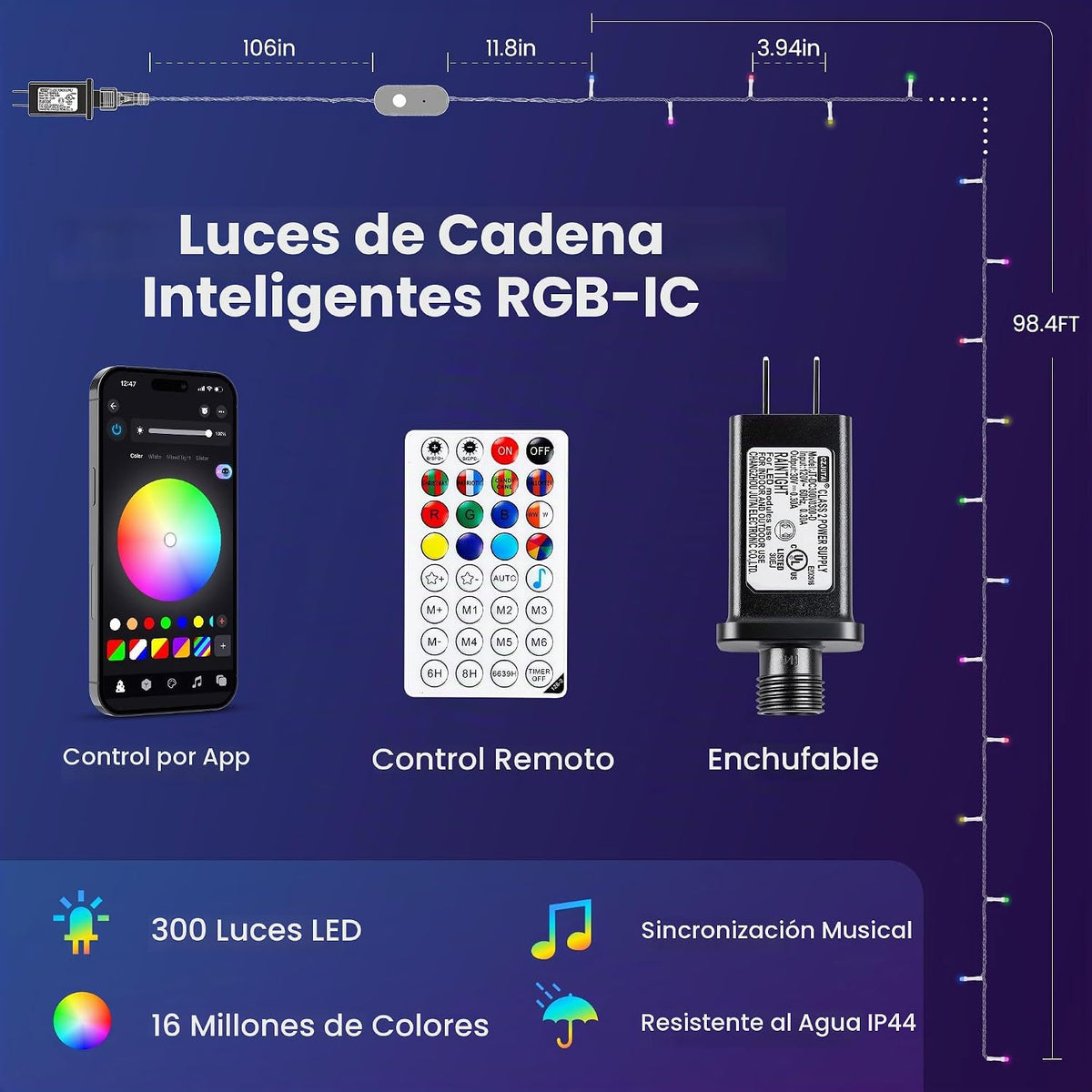 Pellimo Cadena de luces inteligentes de 300 LED con aplicación y co...