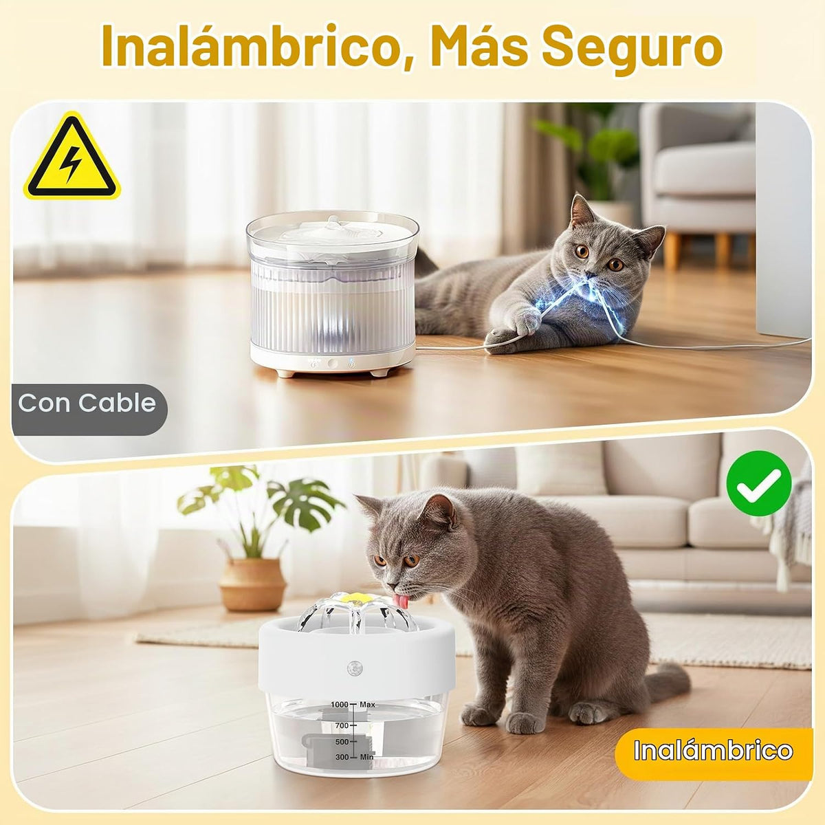 Fuente de agua para gatos, fuente de agua inalámbrica para gatos de...