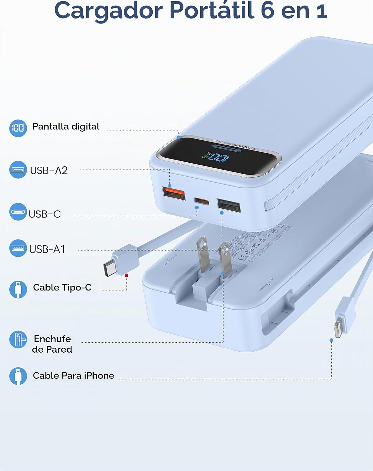 aonidi - Cargador portátil de 20000 mAh con cables integrados y enc...