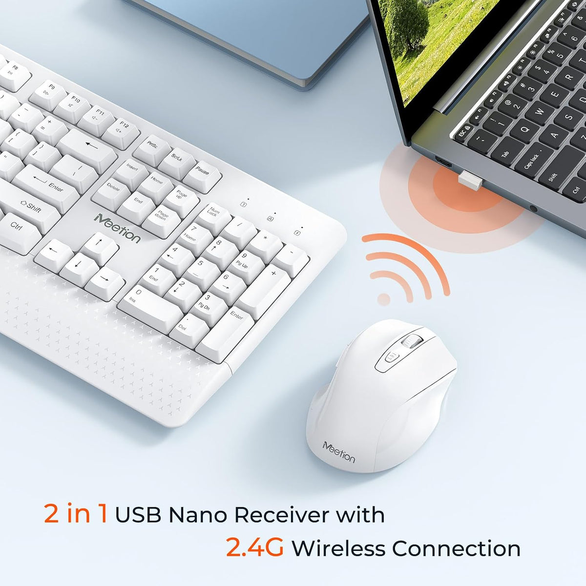 MEETION Teclado y ratón inalámbricos blancos, receptor USB 2.4G plu...