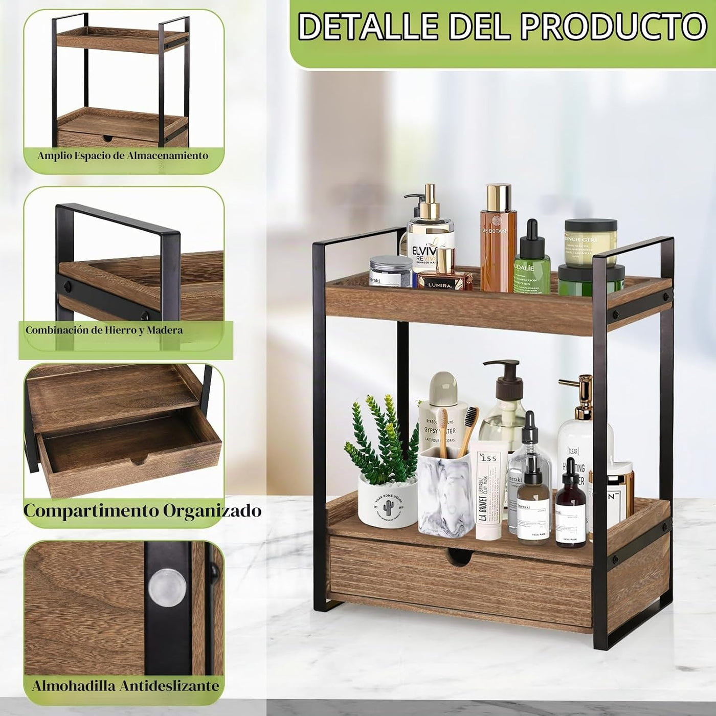 Organizador de baño de 2 niveles para encimera con cajón, estante d...