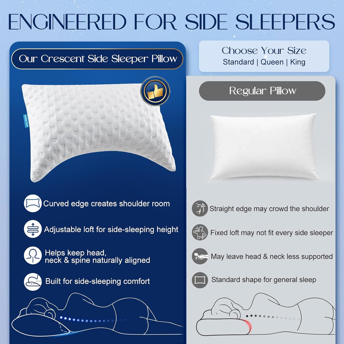 Almohadas para dormir de lado para comodidad de cuello y hombros, d...