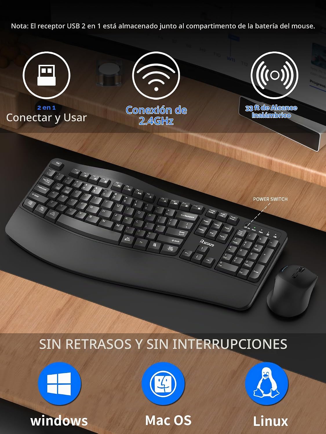 Combo de teclado y mouse inalámbricos, teclas onduladas de tamaño c...