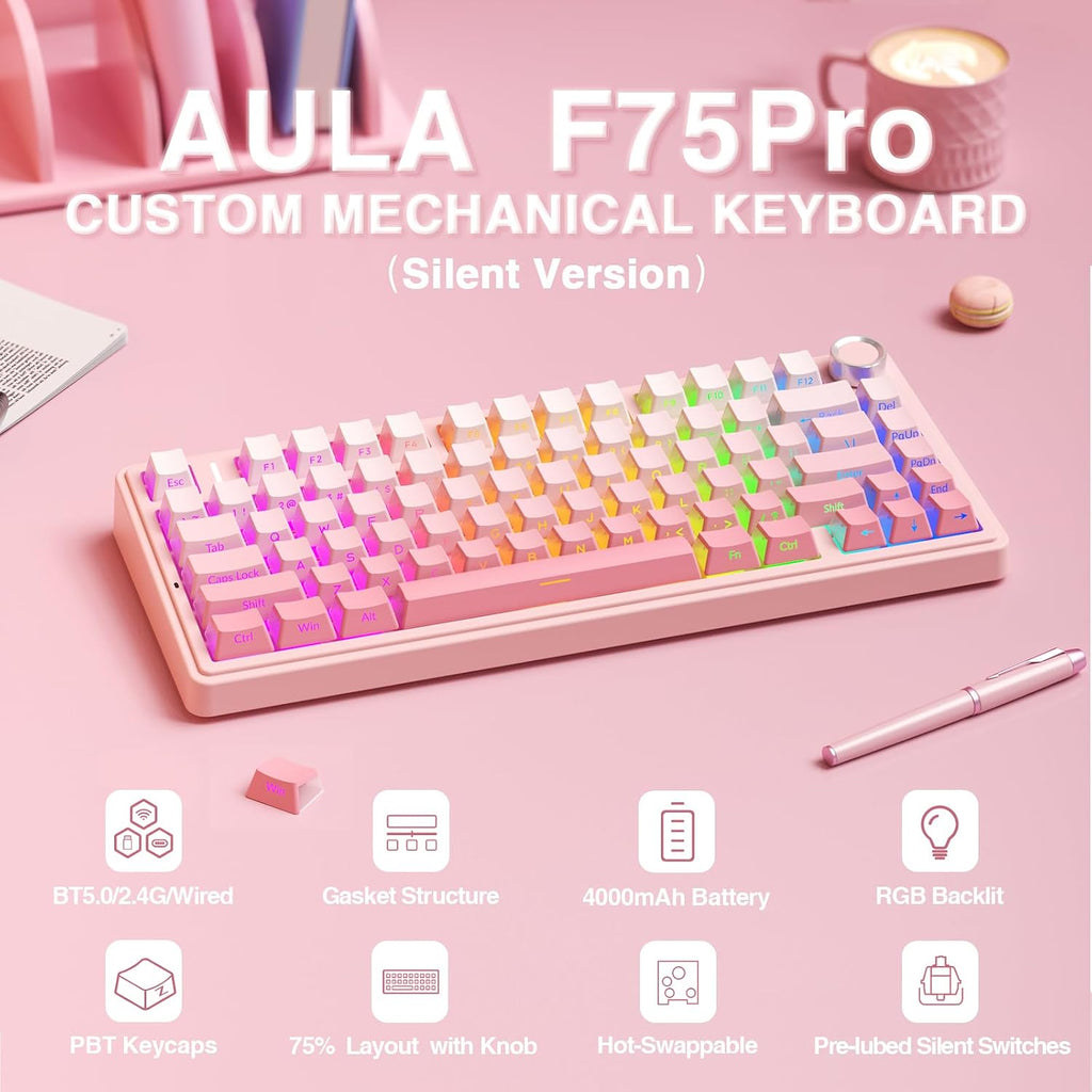 AULA F75 Pro Teclado mecánico inalámbrico versión silenciosa, tecla...