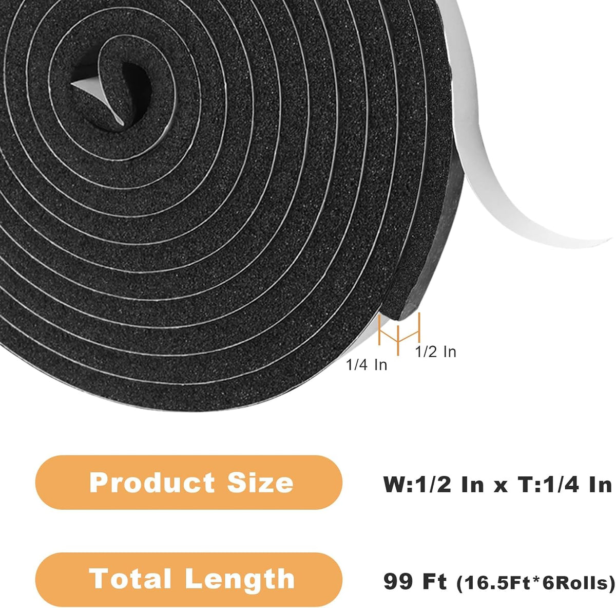 Cinta de Aislamiento de Espuma Autoadhesiva, 1\/2 Pulgada x 1\/4 Pu...