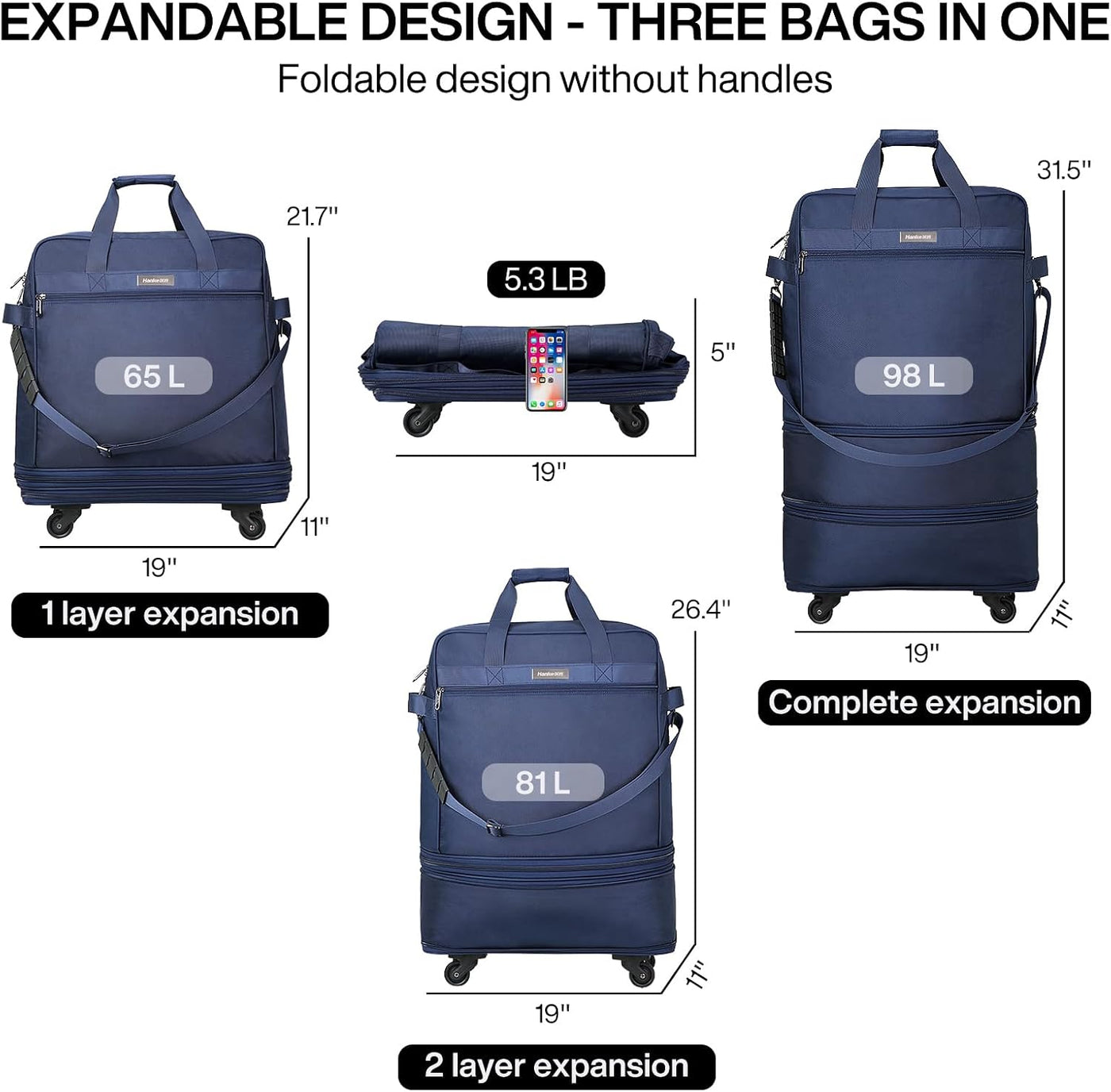 Maletas Hanke con ruedas, bolsa de equipaje plegable y expandible,...