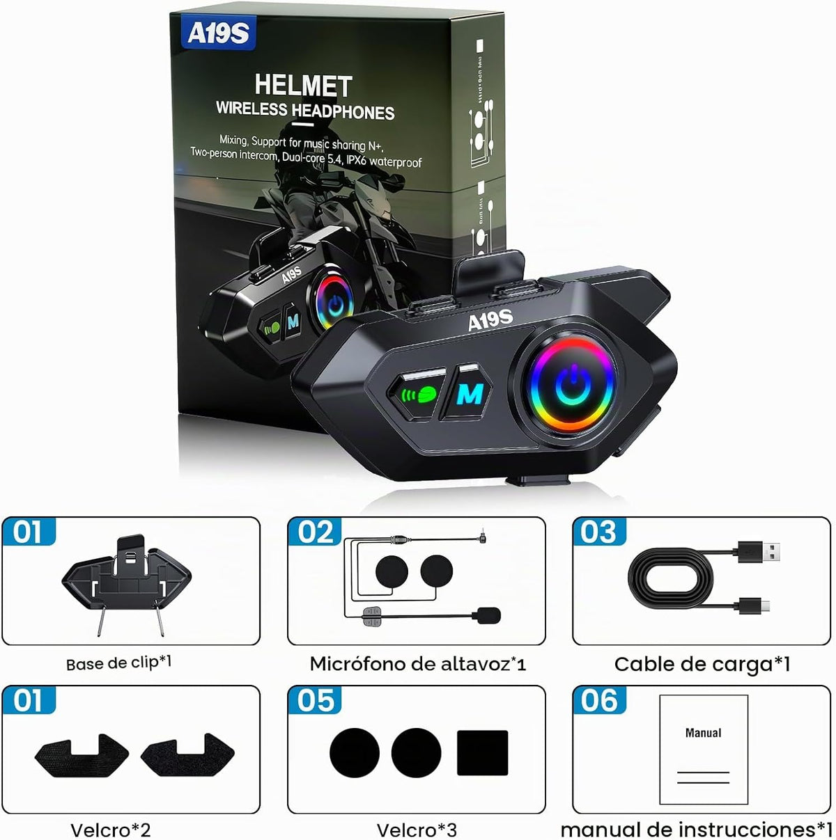 AURISOM A19S - Casco de motocicleta Bluetooth, intercomunicador de...