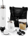TUMA TU MATE Kit completo de yerba mate, botella térmica AutoMate de doble tapa, taza mate y bombilla, 25.4 fl oz de acero inoxidable de doble pared, bolsa de lona, contenedor Yerbero y calentador