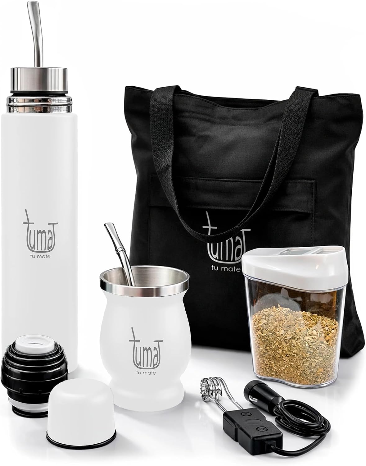 TUMA TU MATE Kit completo de yerba mate, botella térmica AutoMate de doble tapa, taza mate y bombilla, 25.4 fl oz de acero inoxidable de doble pared, bolsa de lona, contenedor Yerbero y calentador