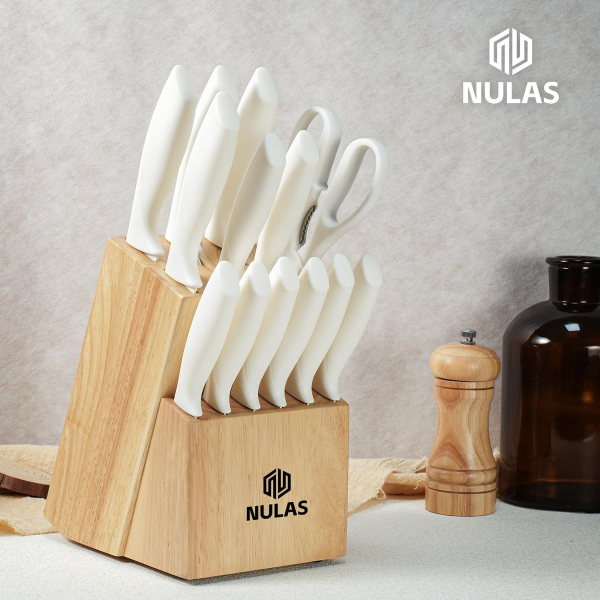 NULAS Juego de bloques de cuchillos de cocina de 15 piezas con afil...