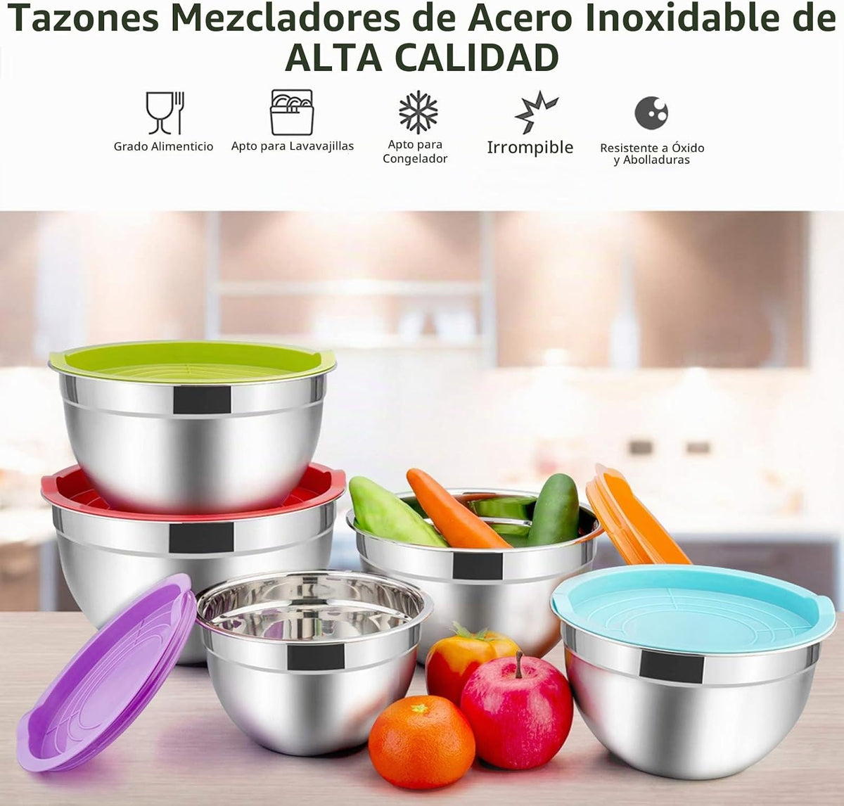 E-far Juego de 5 tazones para mezclar con tapas, cuencos de acero i...