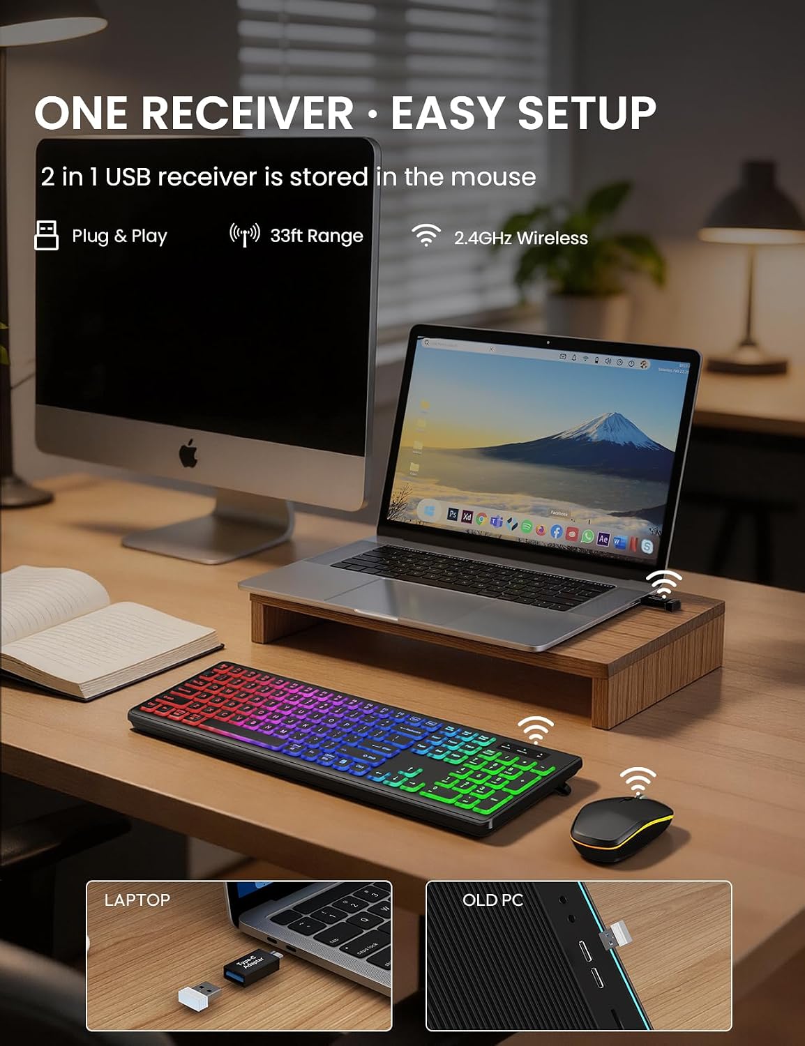 Combo de teclado y mouse inalámbricos con retroiluminación RGB, rec...