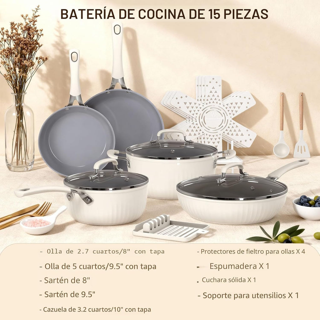 Ammeloo Juego de utensilios de cocina de cerámica acanalada de 15 p...