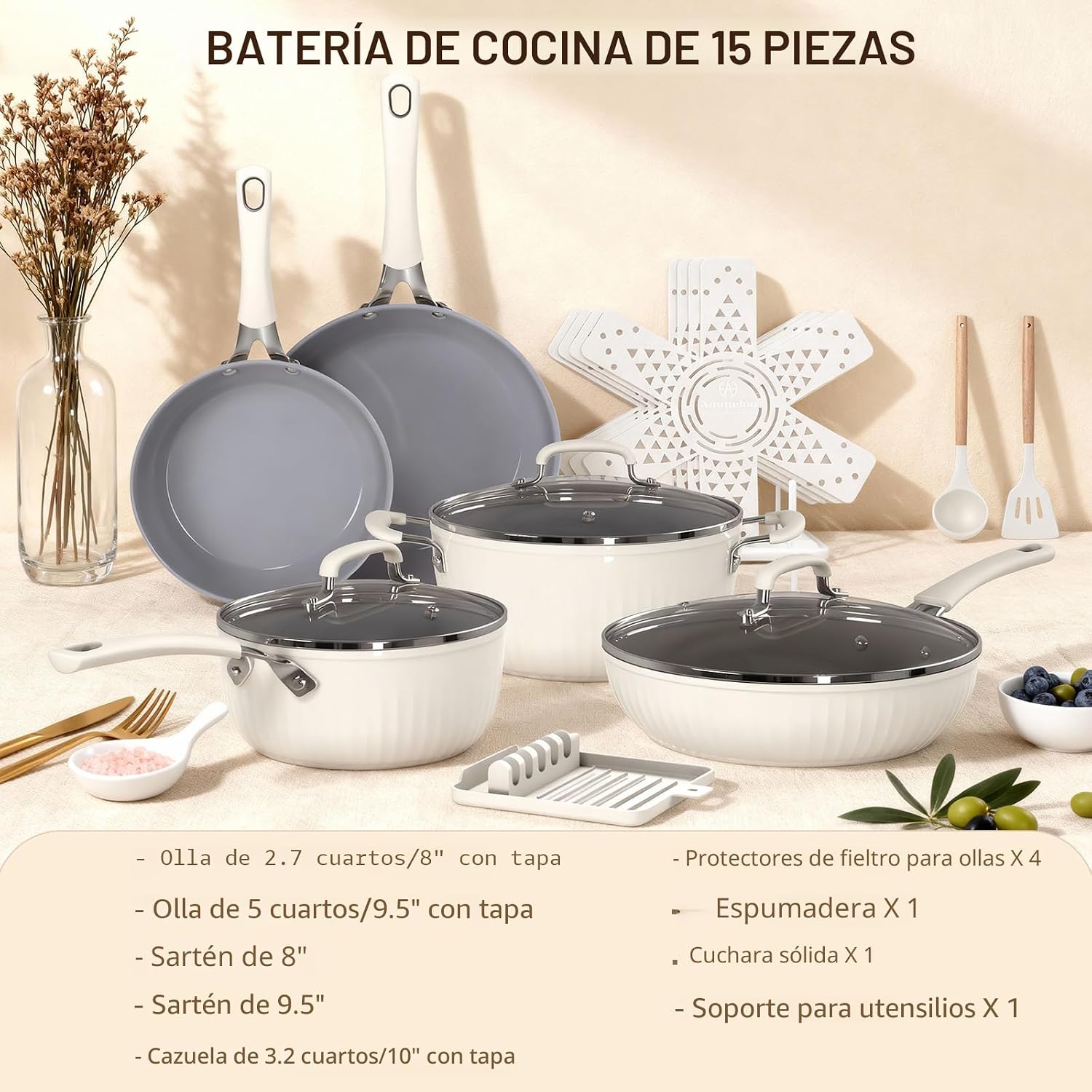 Ammeloo Juego de utensilios de cocina de cerámica acanalada de 15 p...