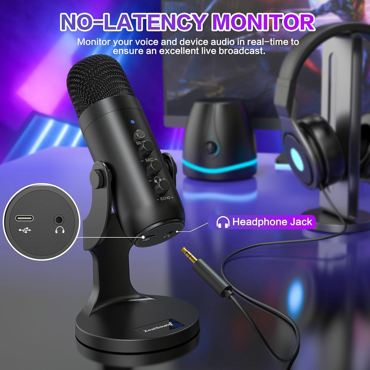ZealSound Micrófono Podcast para PC, Micrófono USB con Cancelación...