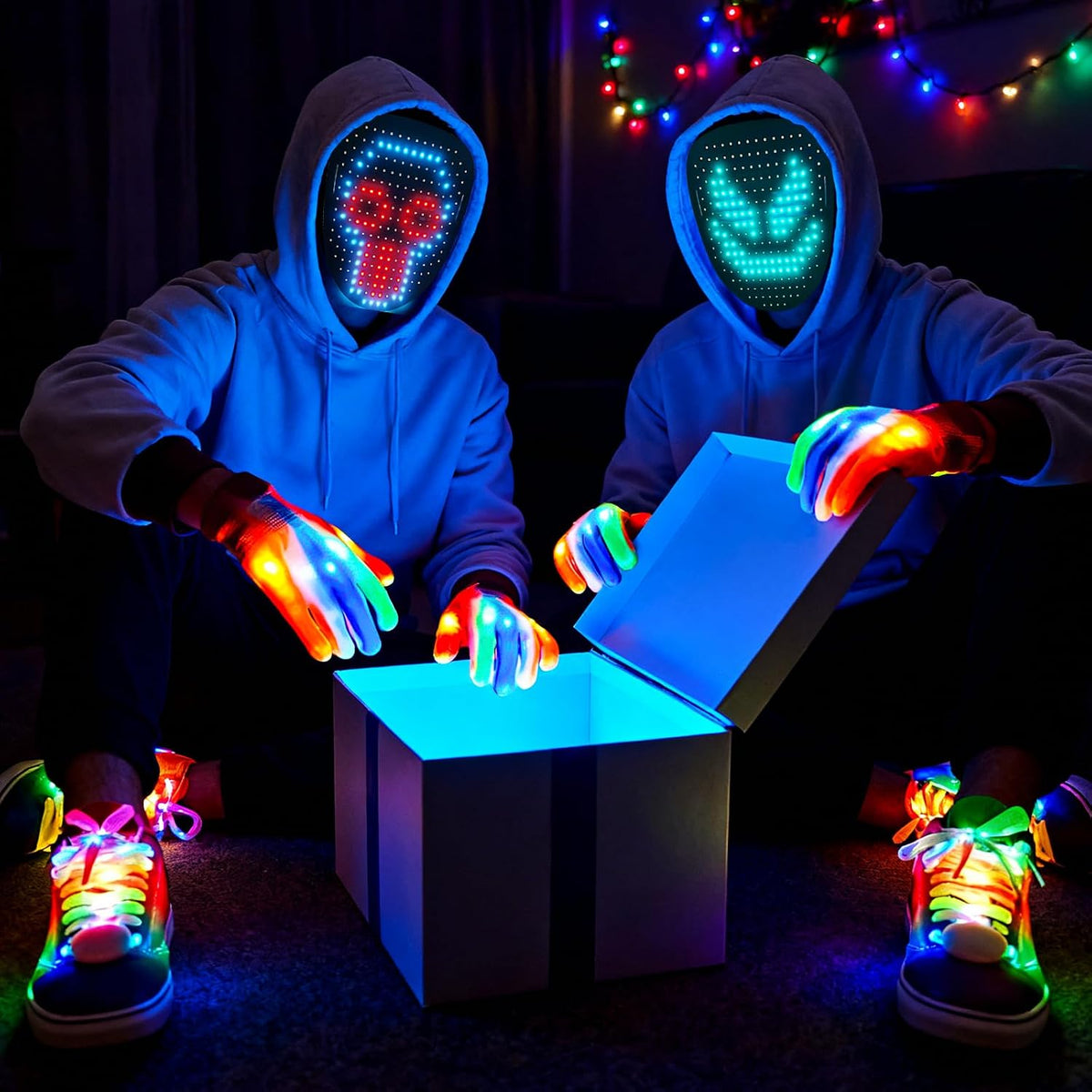 Juego de 3 guantes y cordones de esqueleto con máscara LED con dete...