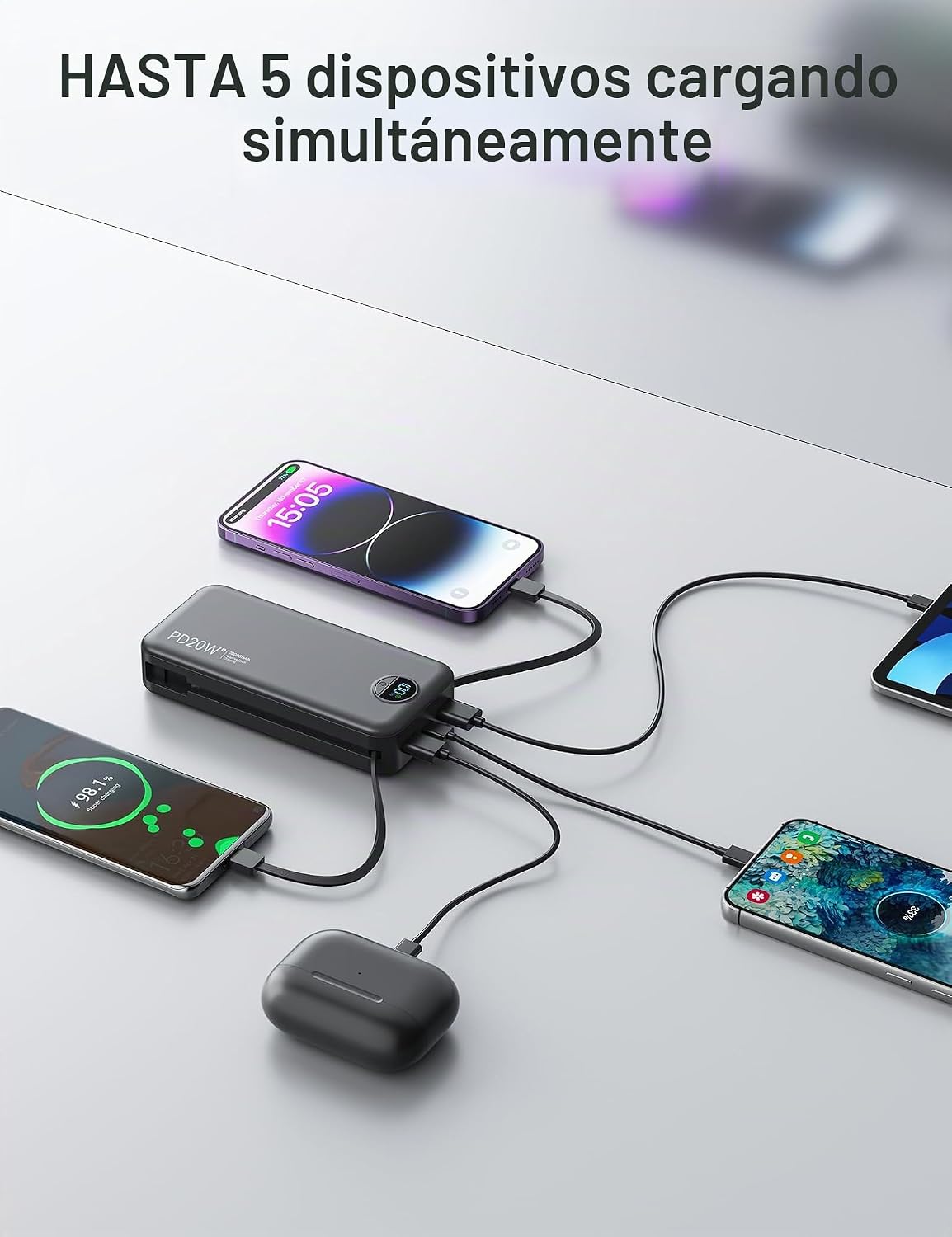 Cargador portátil Power Bank 20000mAh con cables integrados y enchu...