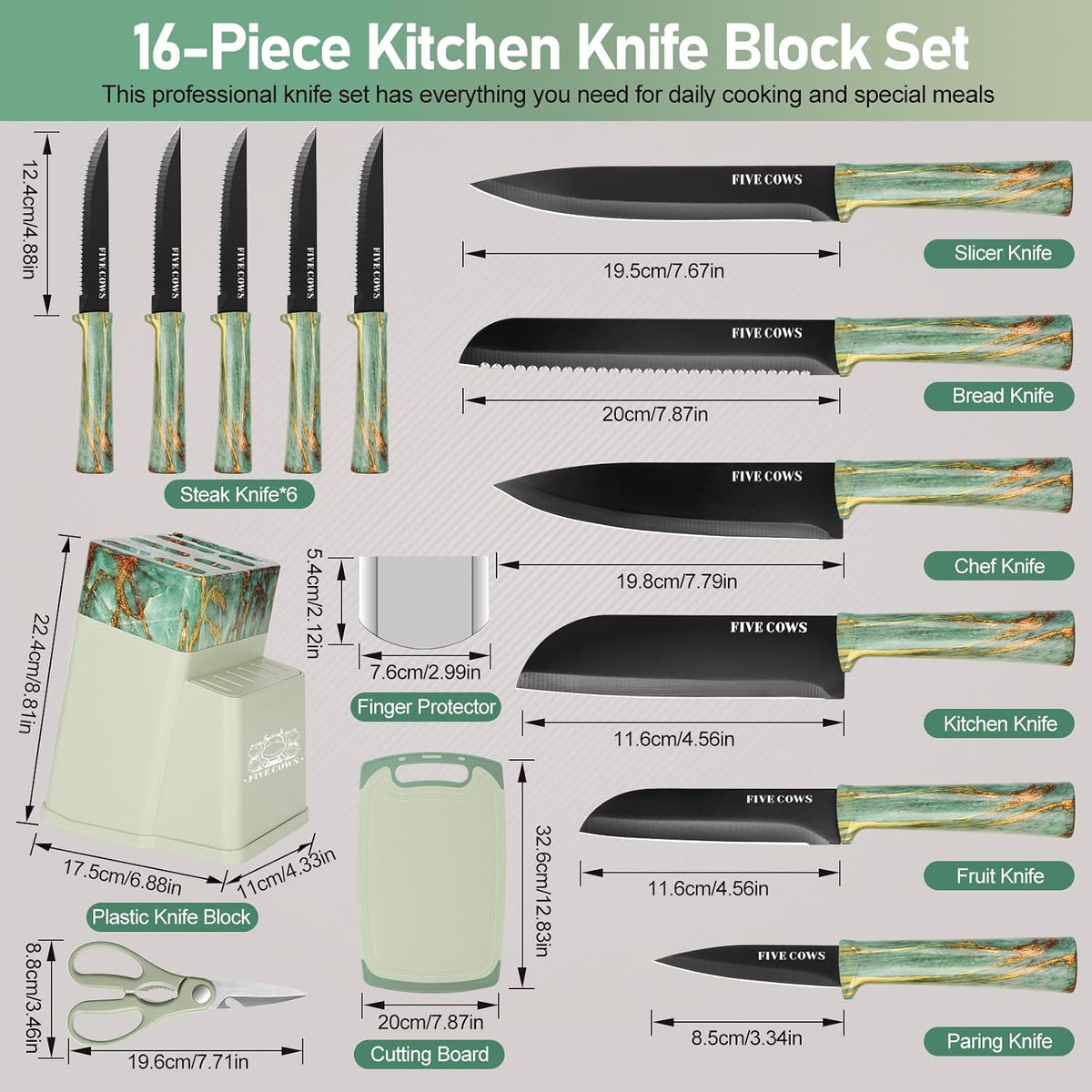 Juego de Cuchillos de Cocina de 16 Piezas con Bloque y Tabla de Cor...