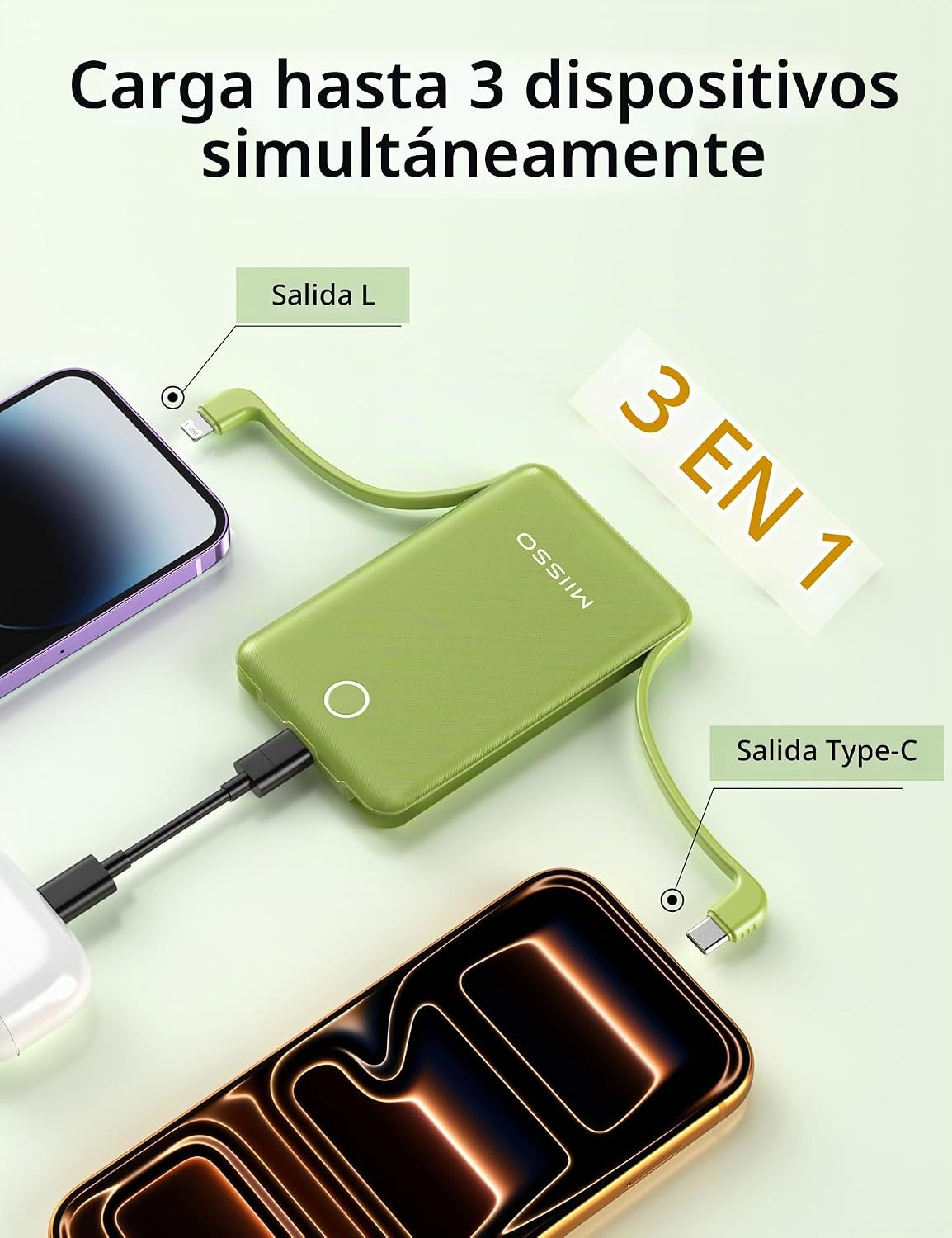 miisso 10000mAh Mini cargador portátil con cable integrado, color v...