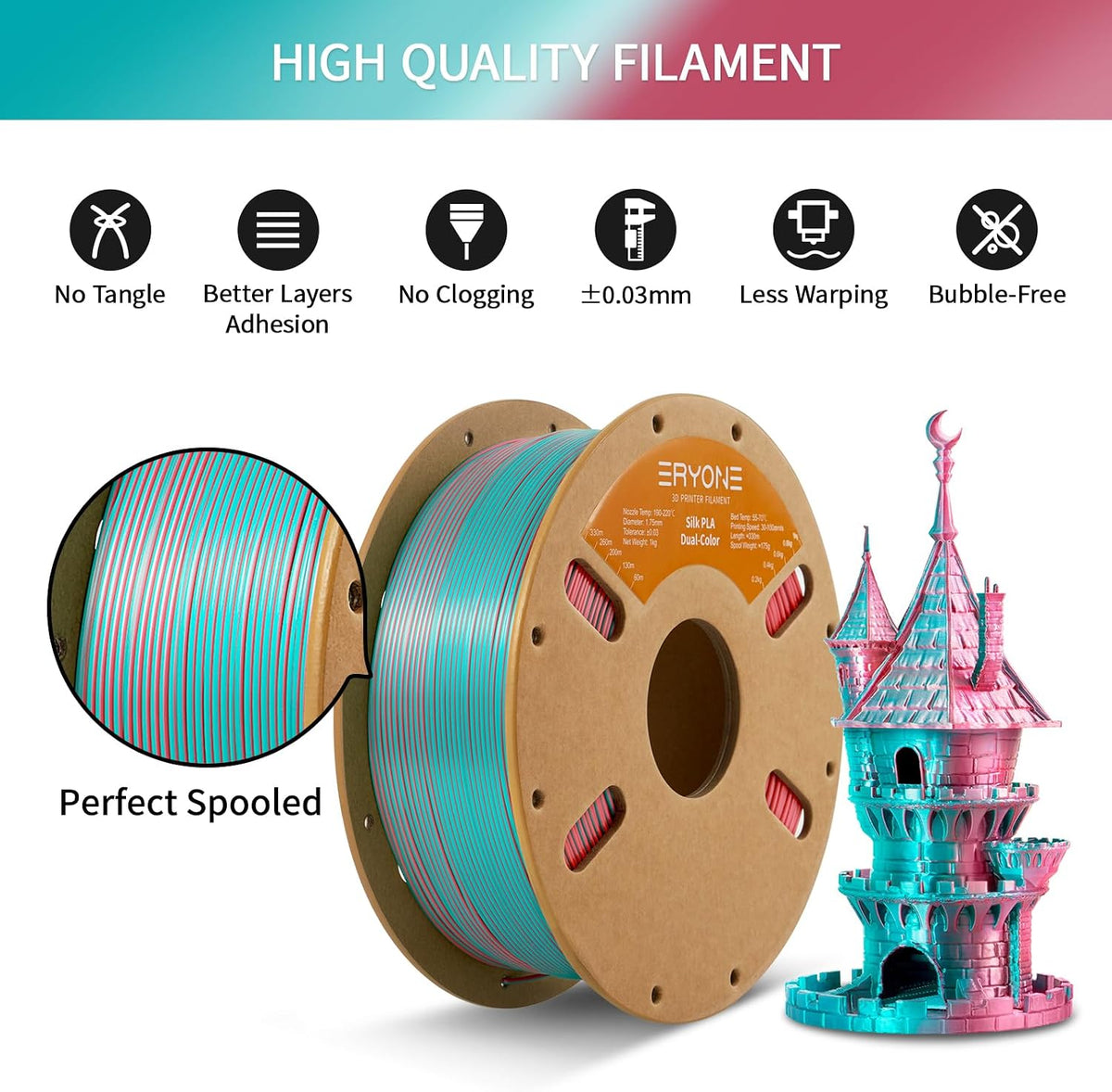 ERYONE Filamento de seda de color dual PLA para impresora 3D de 1.7...