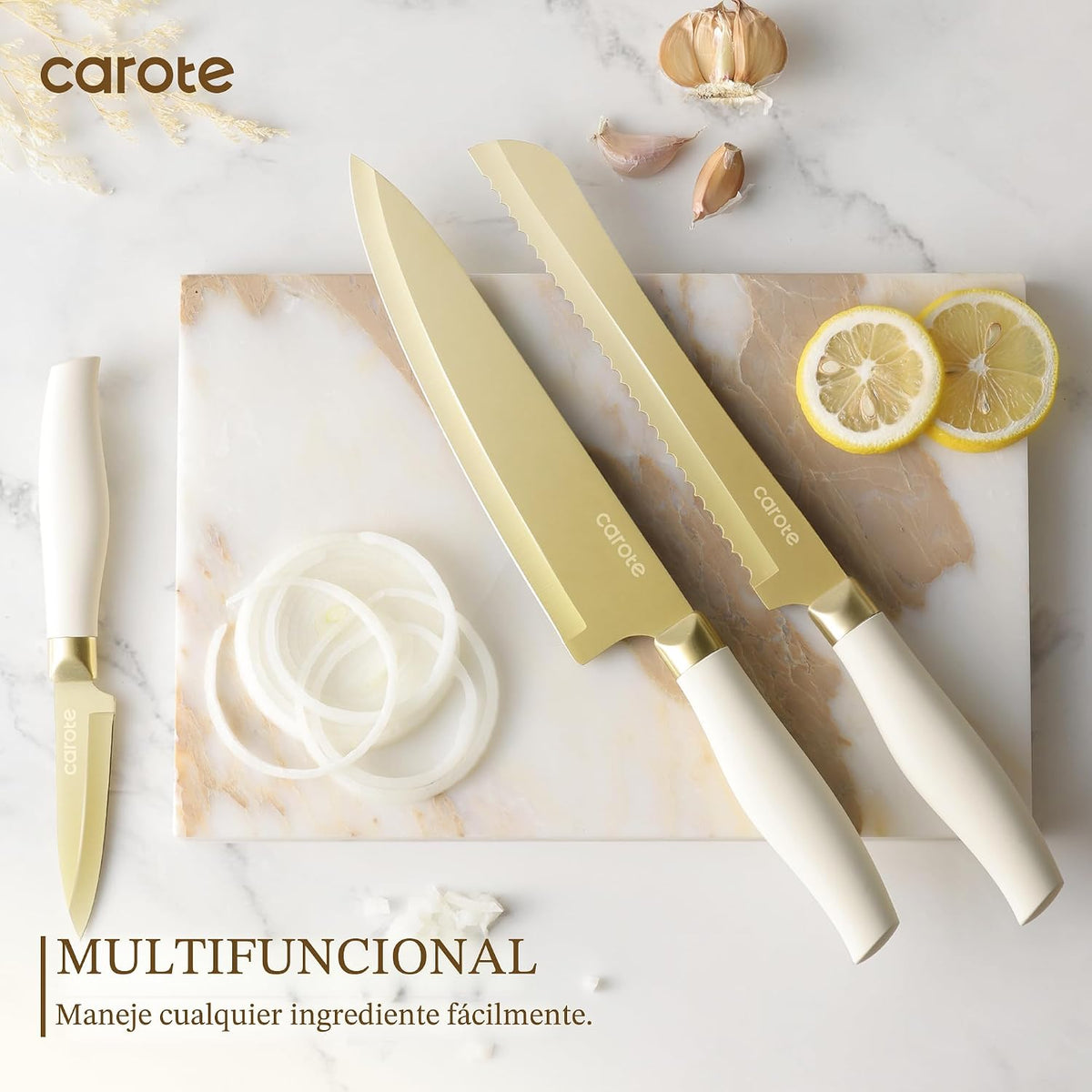 CAROTE Juego de cuchillos de cocina, 6 cuchillos dorados con 6 prot...