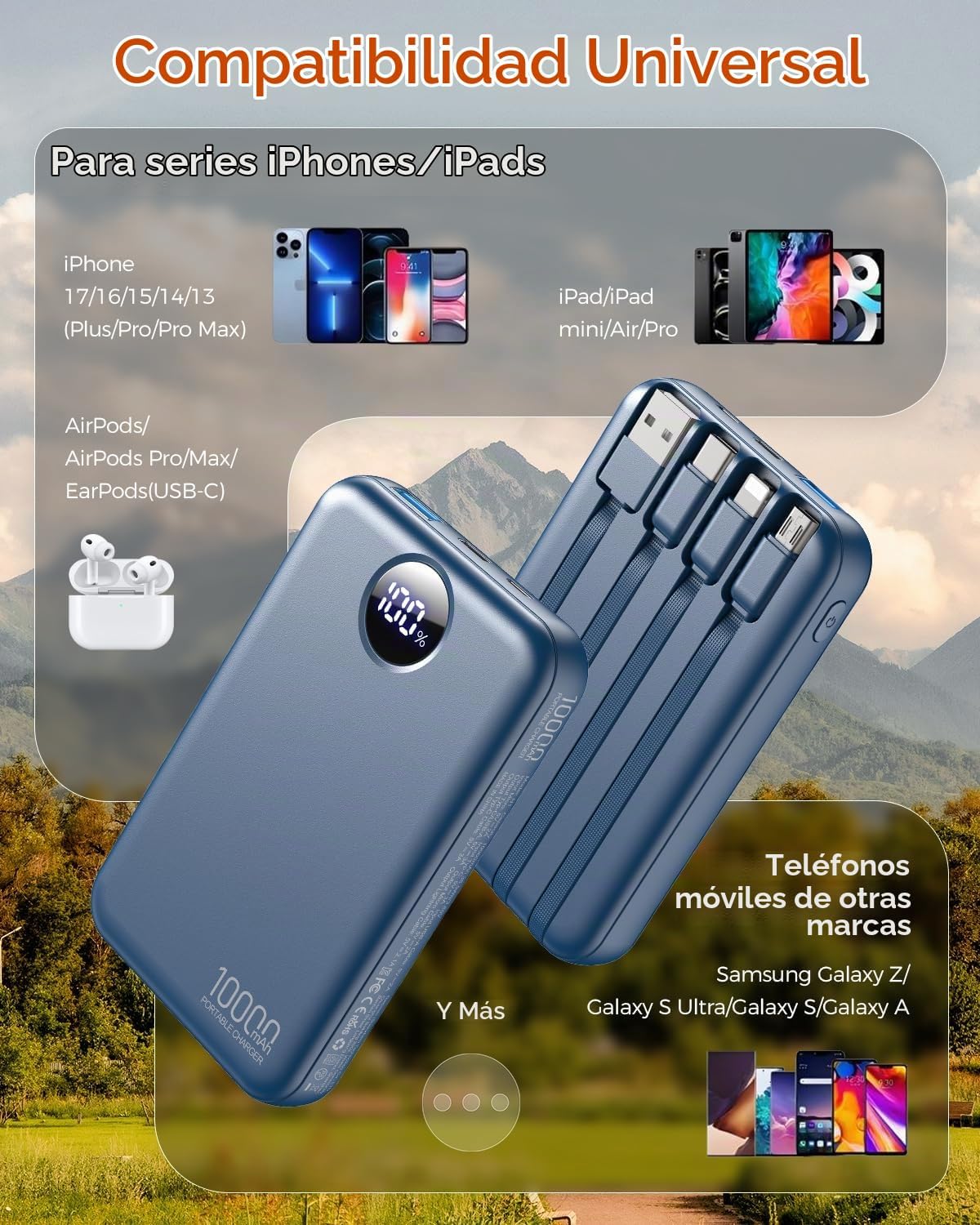 Zmmyuluo Cargador portátil 10000mAh con 4 cables incorporados 40% m...