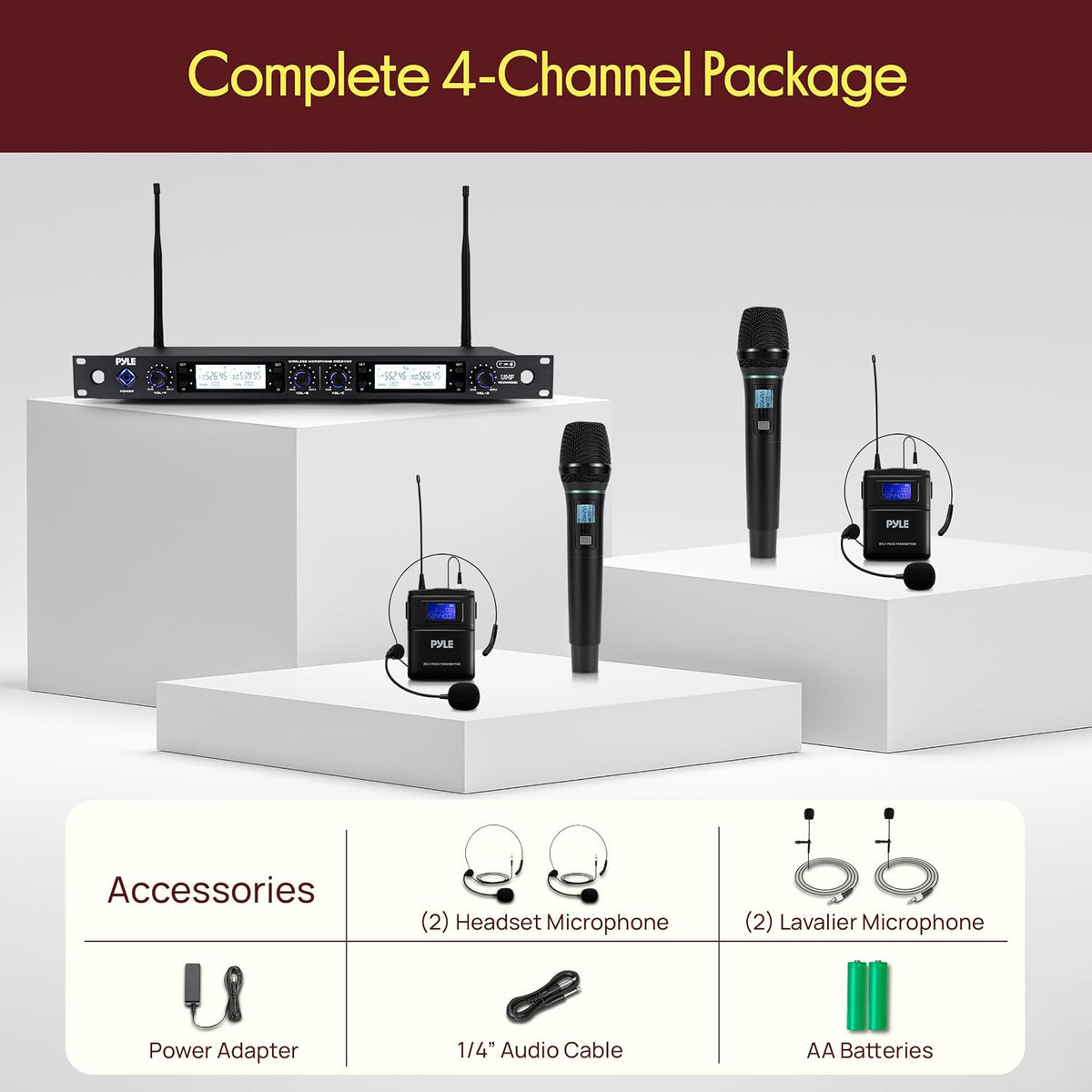 Pyle Sistema de micrófono inalámbrico UHF de 4 canales con 2 micróf...