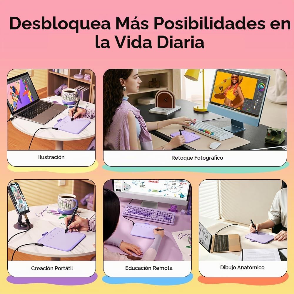 XPPen Deco 640 - Tableta de dibujo púrpura con 16384 niveles de pre...