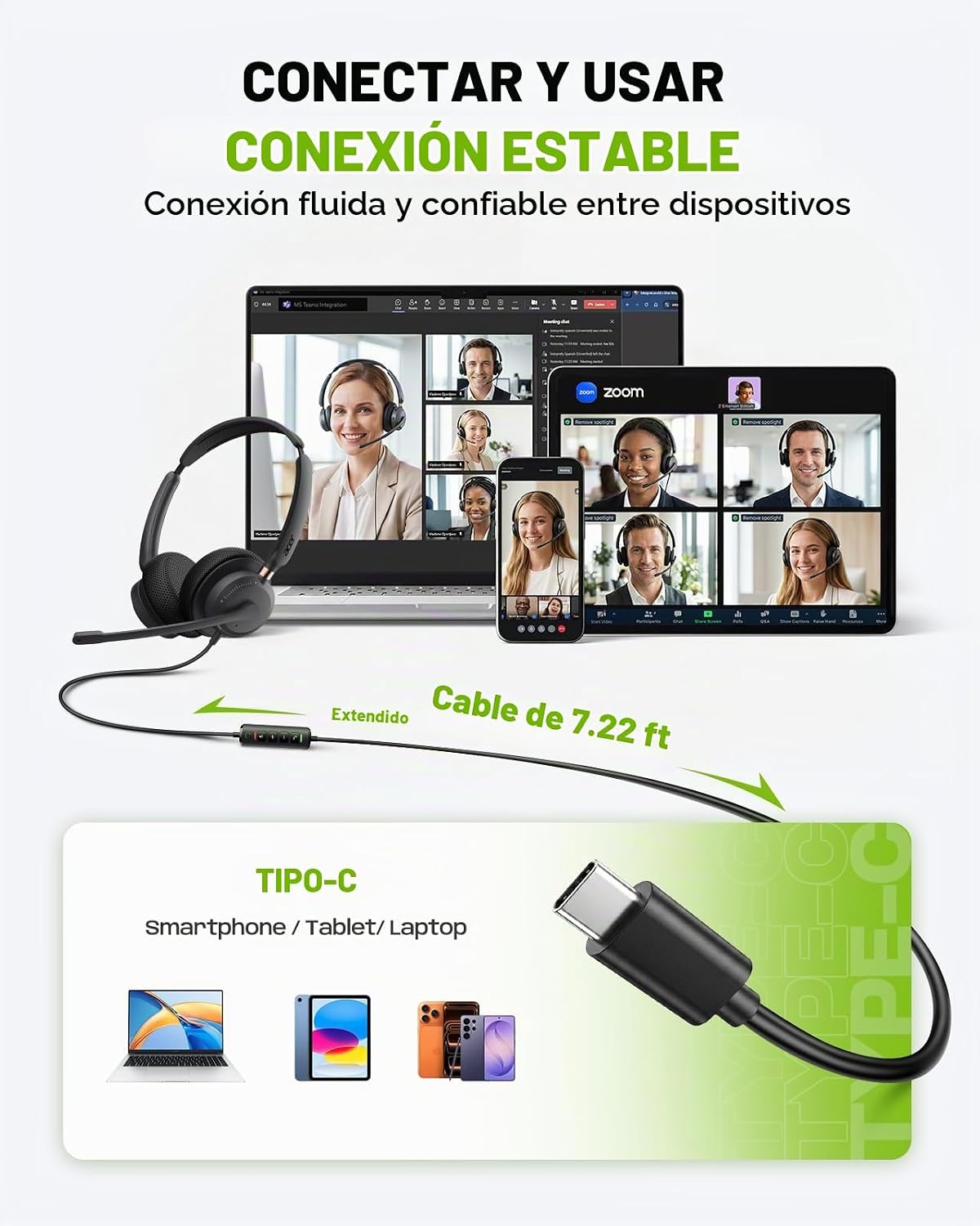 Auriculares USB con micrófono para PC, auriculares con cable con mi...
