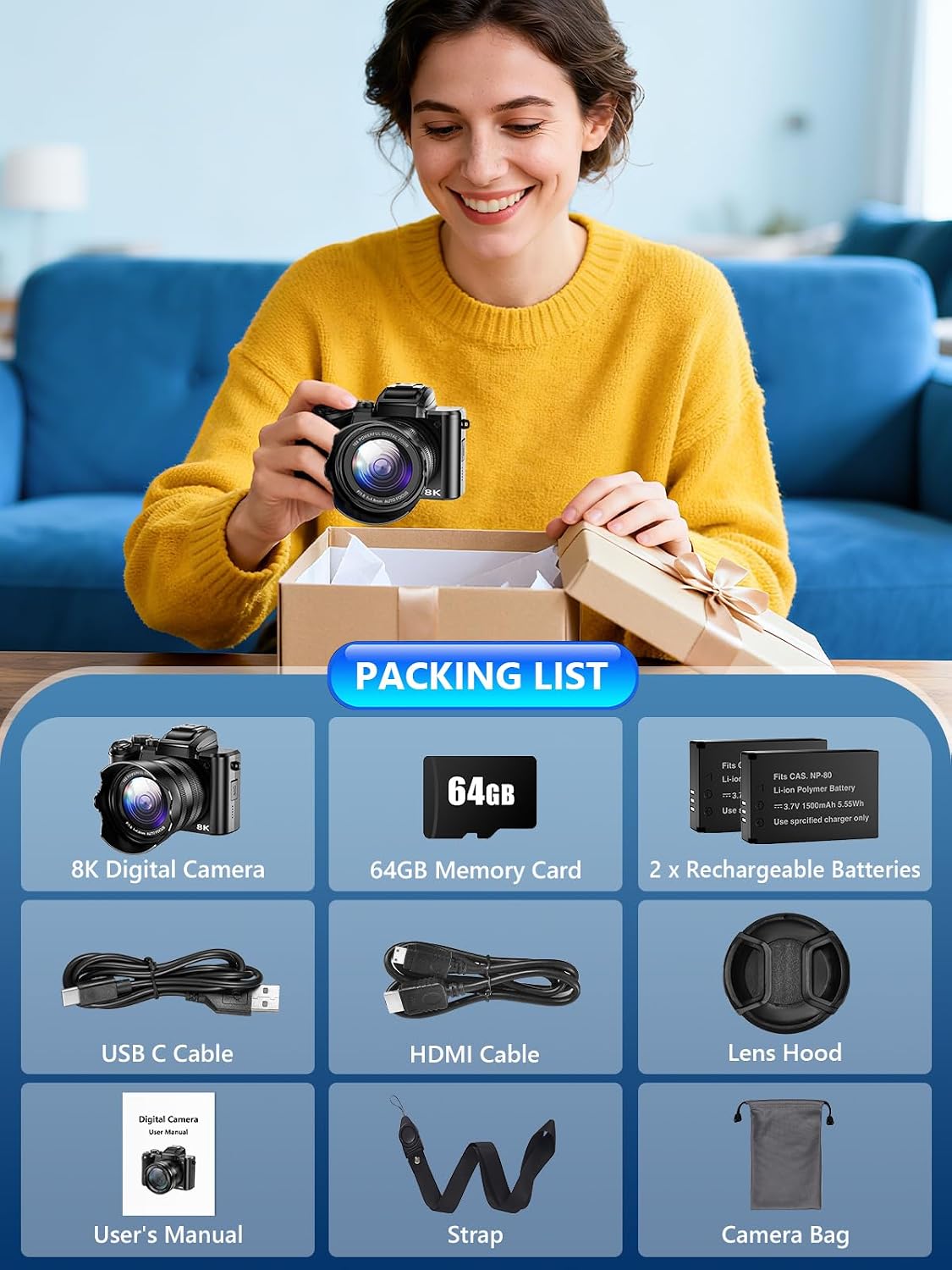 Cámara digital 8K, cámaras WiFi de 88 MP para fotografía con pantal...