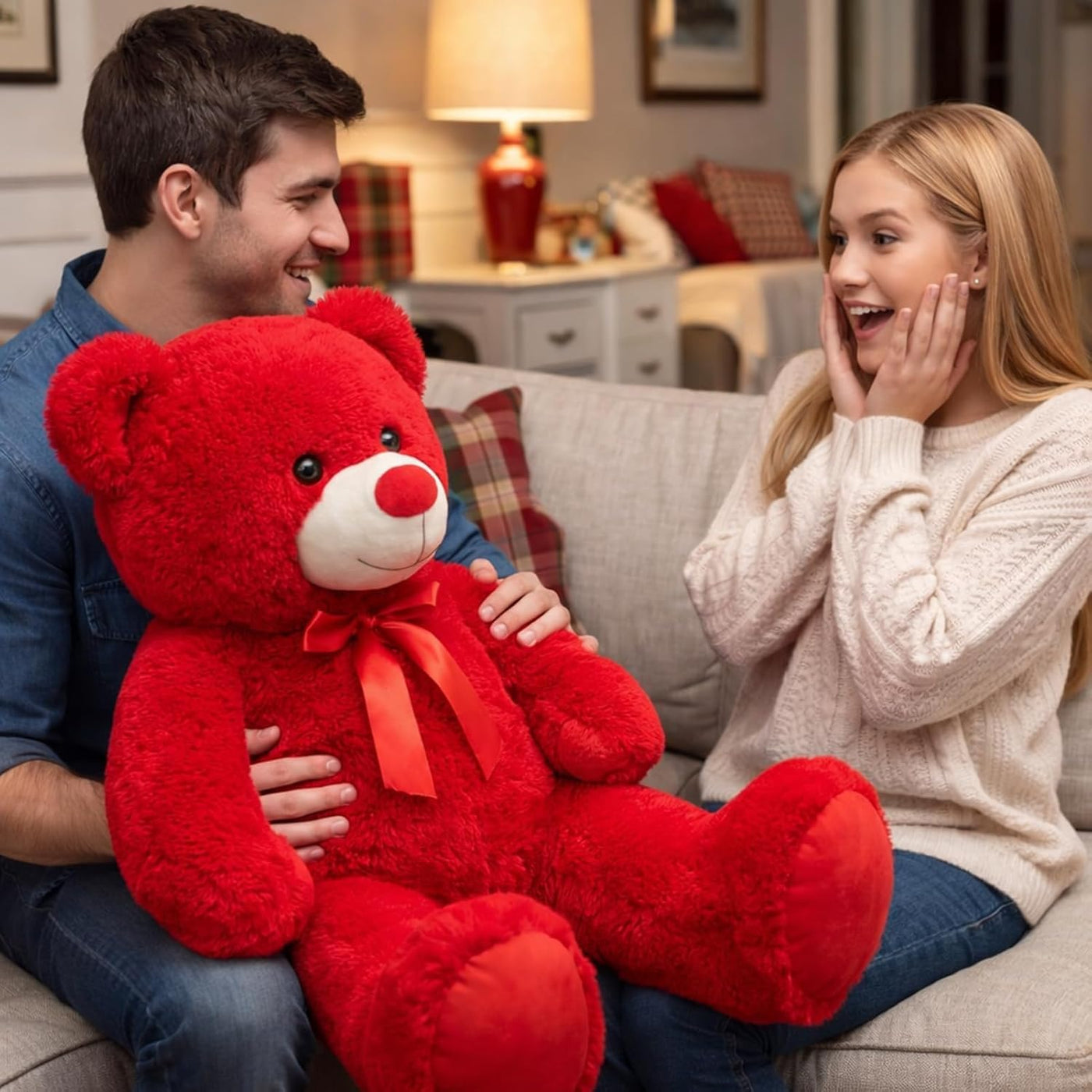 WENMOTDY Oso de peluche grande con lazo de cinta roja, regalo para...