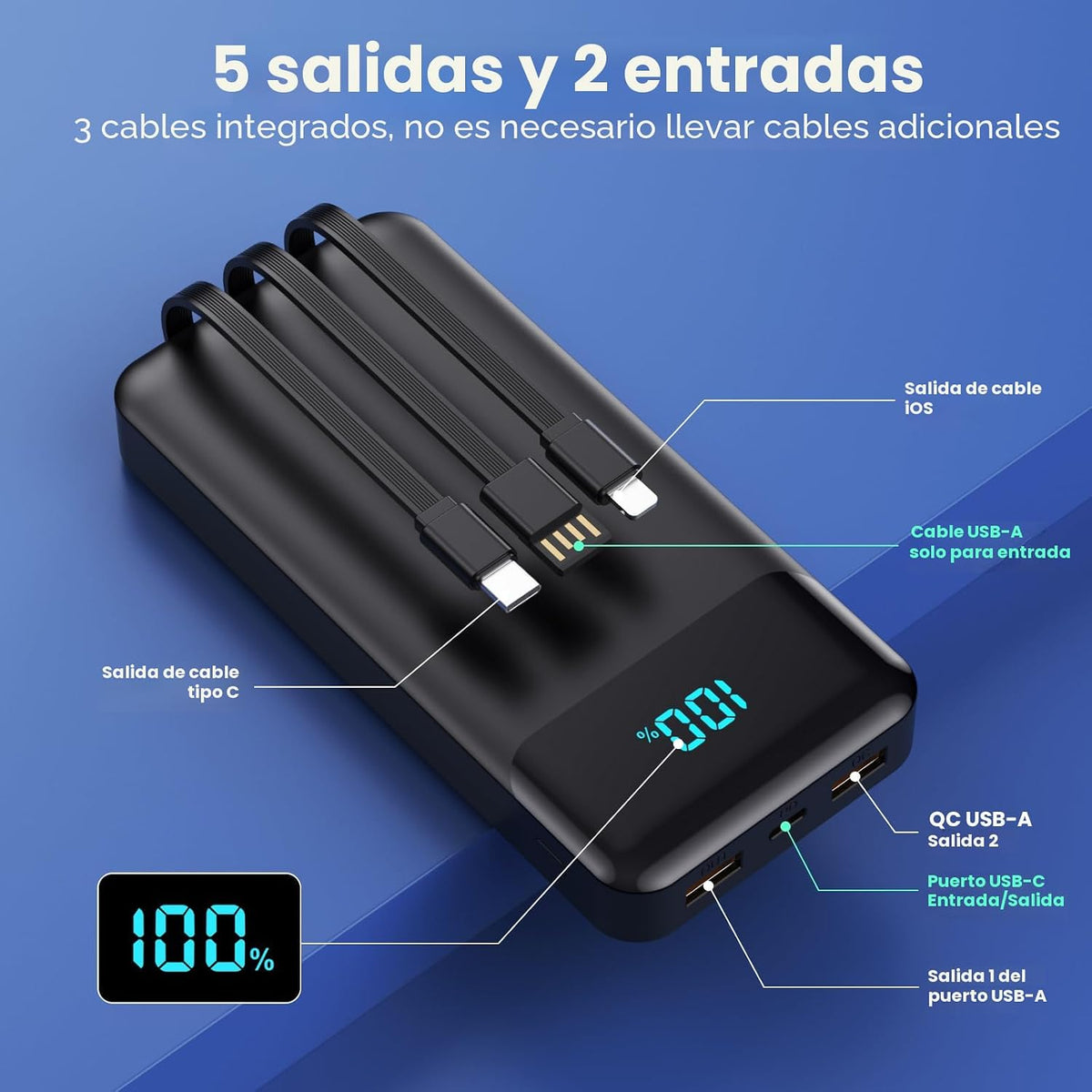 Cargador portátil de 50800 mAh con 3 cables integrados, 25 W PD car...