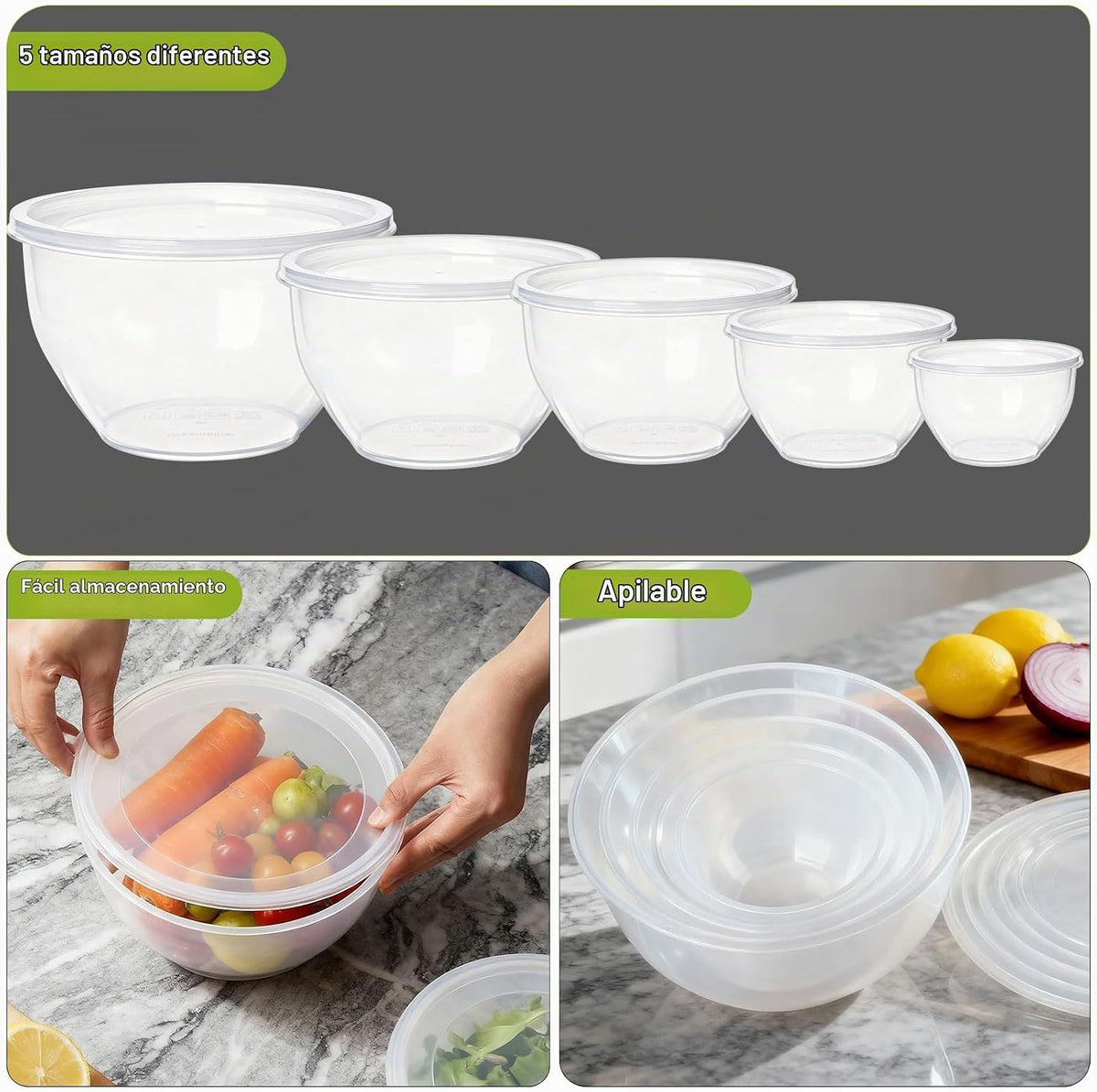 Greentainer Juego de 5 tazones de plástico con tapas para cocina, j...