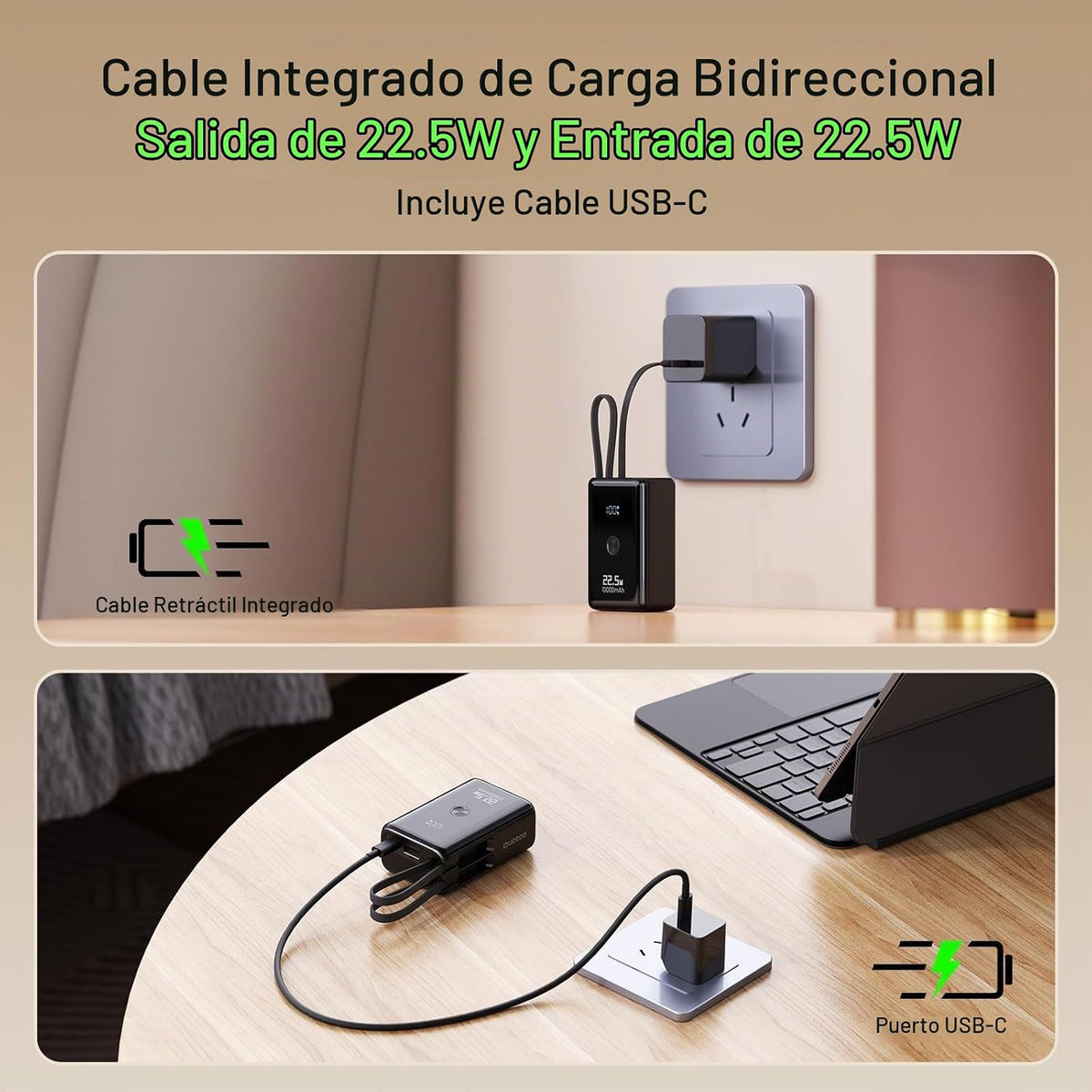 Cargador portátil de nanotecnología 10000mAh con 2 cables incorpora...