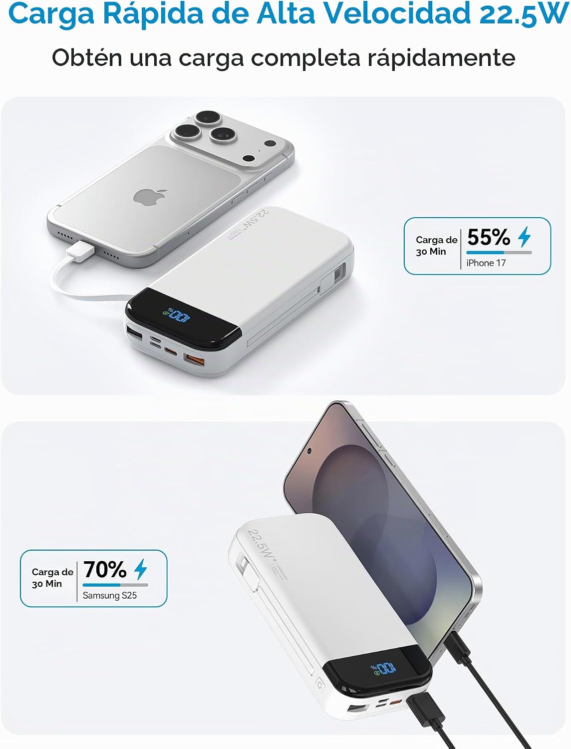 Banco de baterías para teléfono 32000 mAh 22,5 W con cables integra...