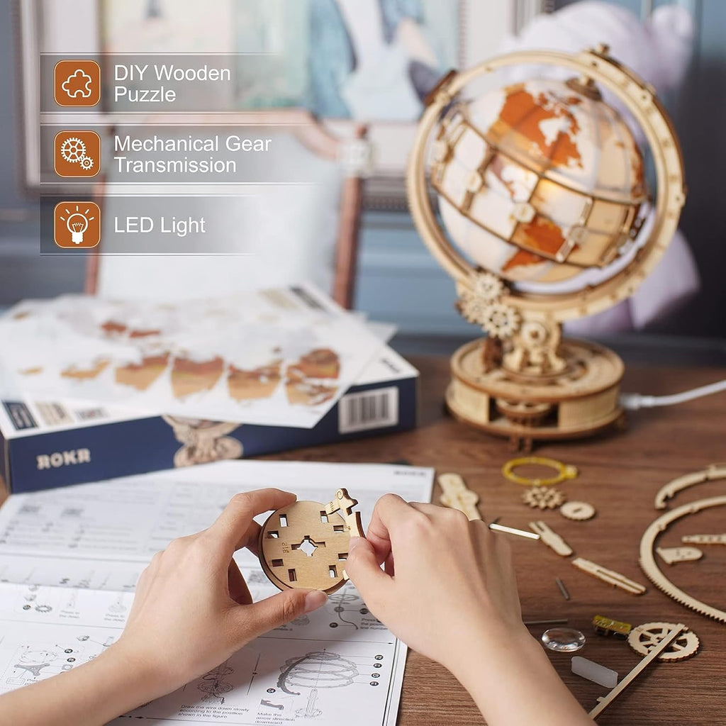 ROKR Rompecabezas de madera 3D para adultos Globo iluminado con sop...