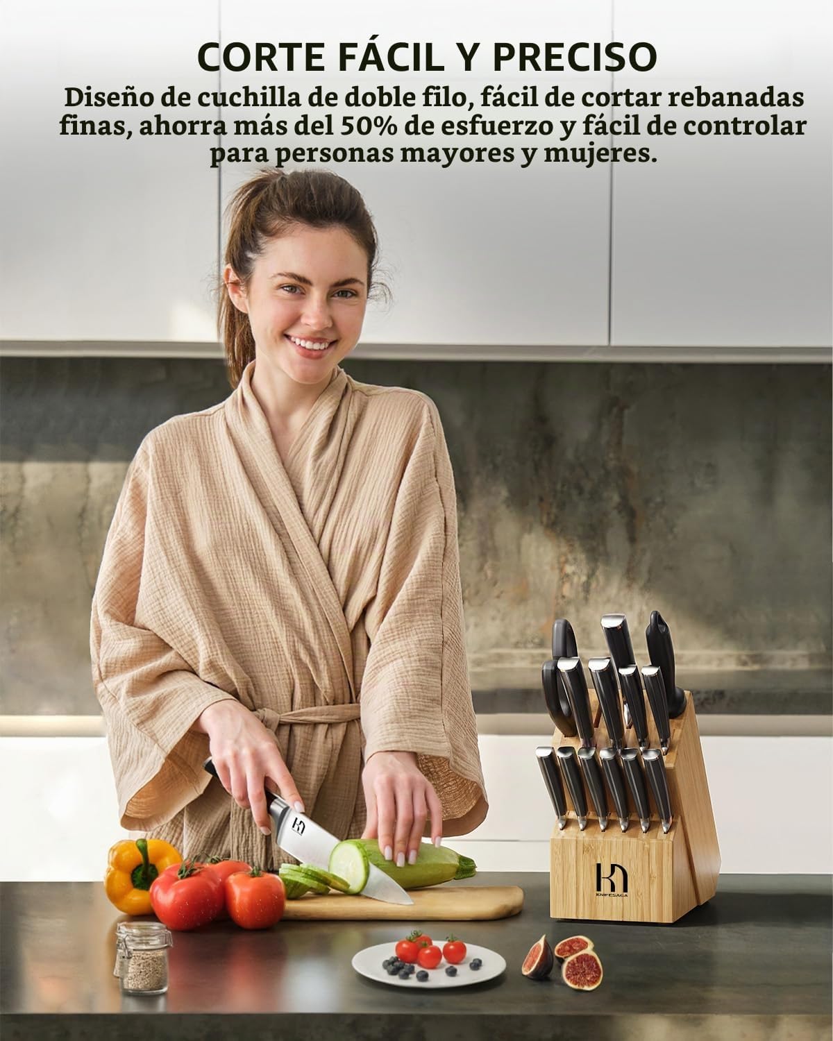 KnifeSaga - Juego de bloques de cuchillos de 15 piezas con afilador...